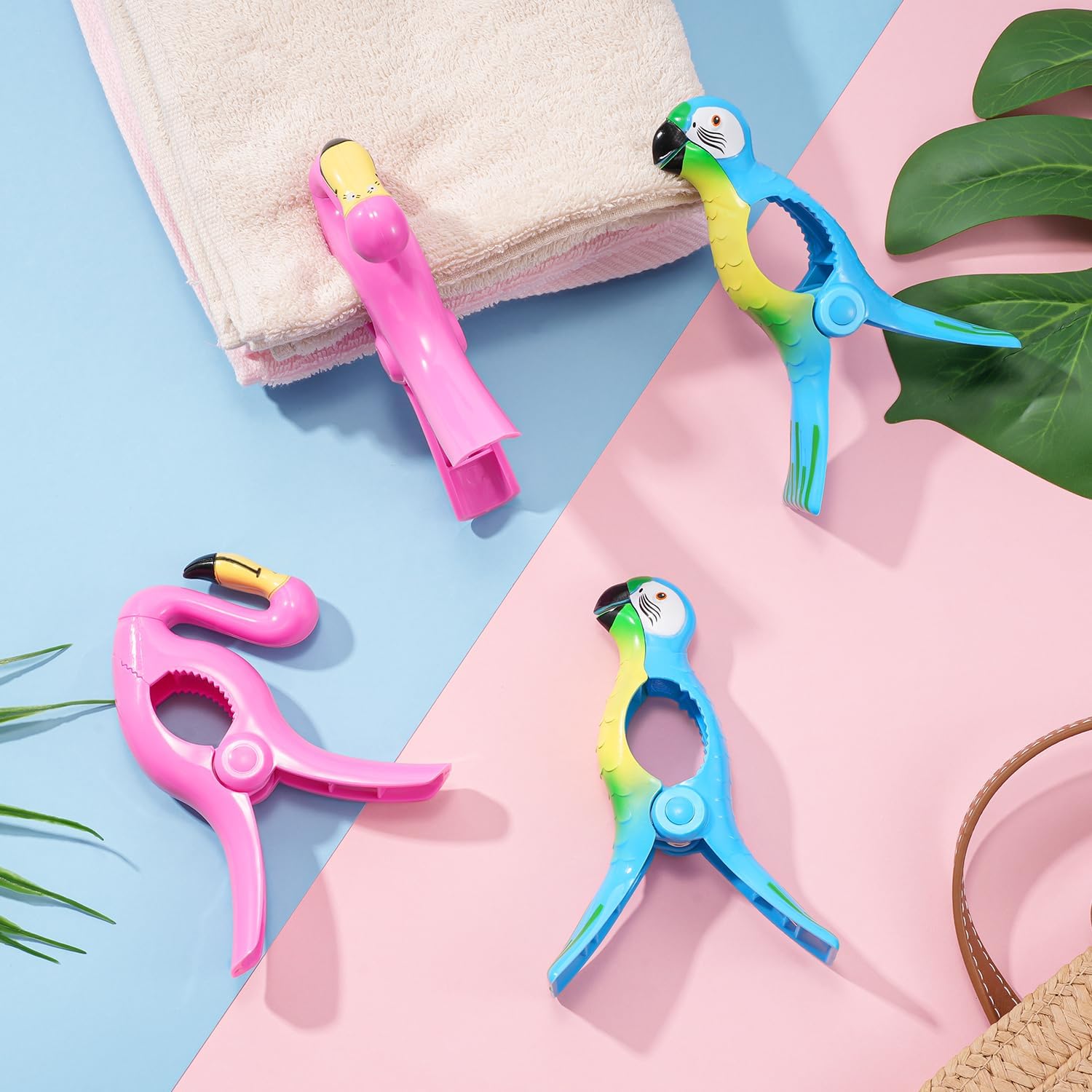 Beach Towel Clips, Jumbo Size Towel Clips for Beach Chairs Cruise Pool Patio or Daily Use-Secure Hang Seal, Set of 4 Flamingo Parrot