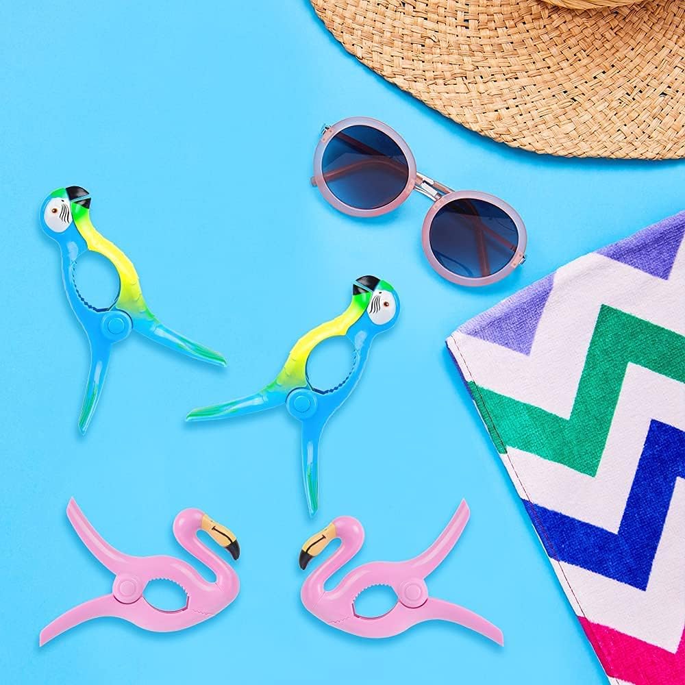 Beach Towel Clips, Jumbo Size Towel Clips for Beach Chairs Cruise Pool Patio or Daily Use-Secure Hang Seal, Set of 4 Flamingo Parrot