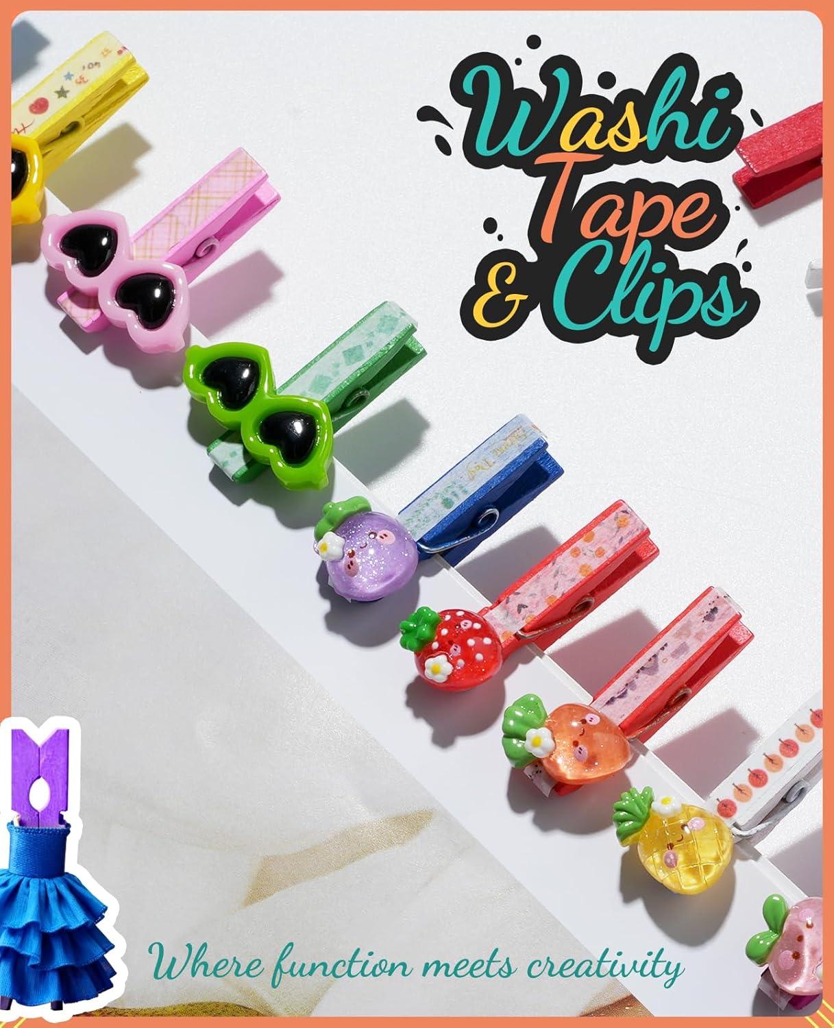 Mini Clothespins, 100 Pcs 1.4'' Strong Mini Clothespins for Photos with 10 Pcs Washi Tapes and 43 Ft Jute Twine, Colorful Wooden Small Clothes Pins for Picture, Crafts, Baby Shower