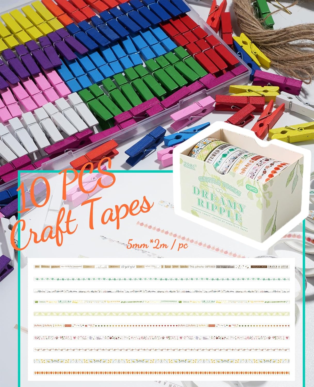 Mini Clothespins, 100 Pcs 1.4'' Strong Mini Clothespins for Photos with 10 Pcs Washi Tapes and 43 Ft Jute Twine, Colorful Wooden Small Clothes Pins for Picture, Crafts, Baby Shower