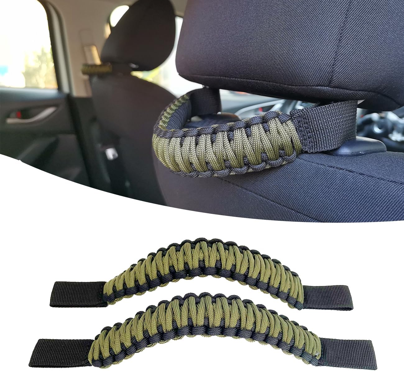 Headrest Grab Handles Universal Grip Handles,Passenger Support Handles for Jeep Wrangler,Ford Bronco,Toyota,Tacoma,Trucks,SUV,Cars,2Pack Black&Olive
