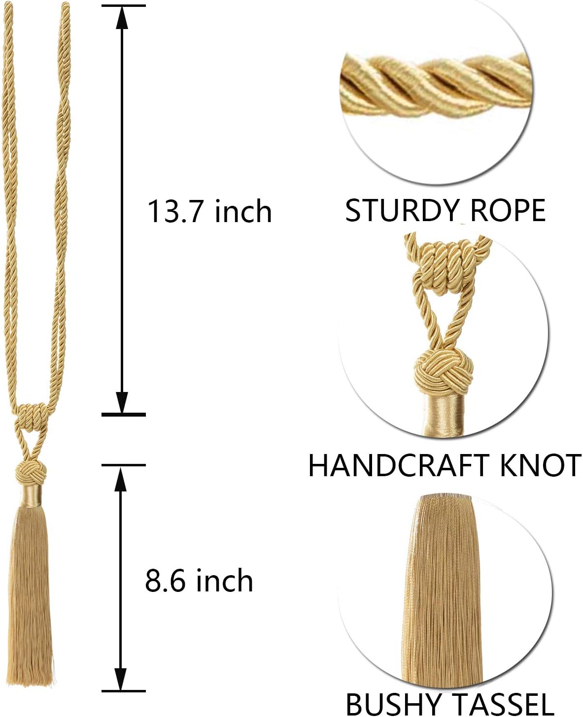 Curtain Tiebacks Hand-Woven Holdbacks Home Decorative Tassels Tiebacks Gold, 2 Pack