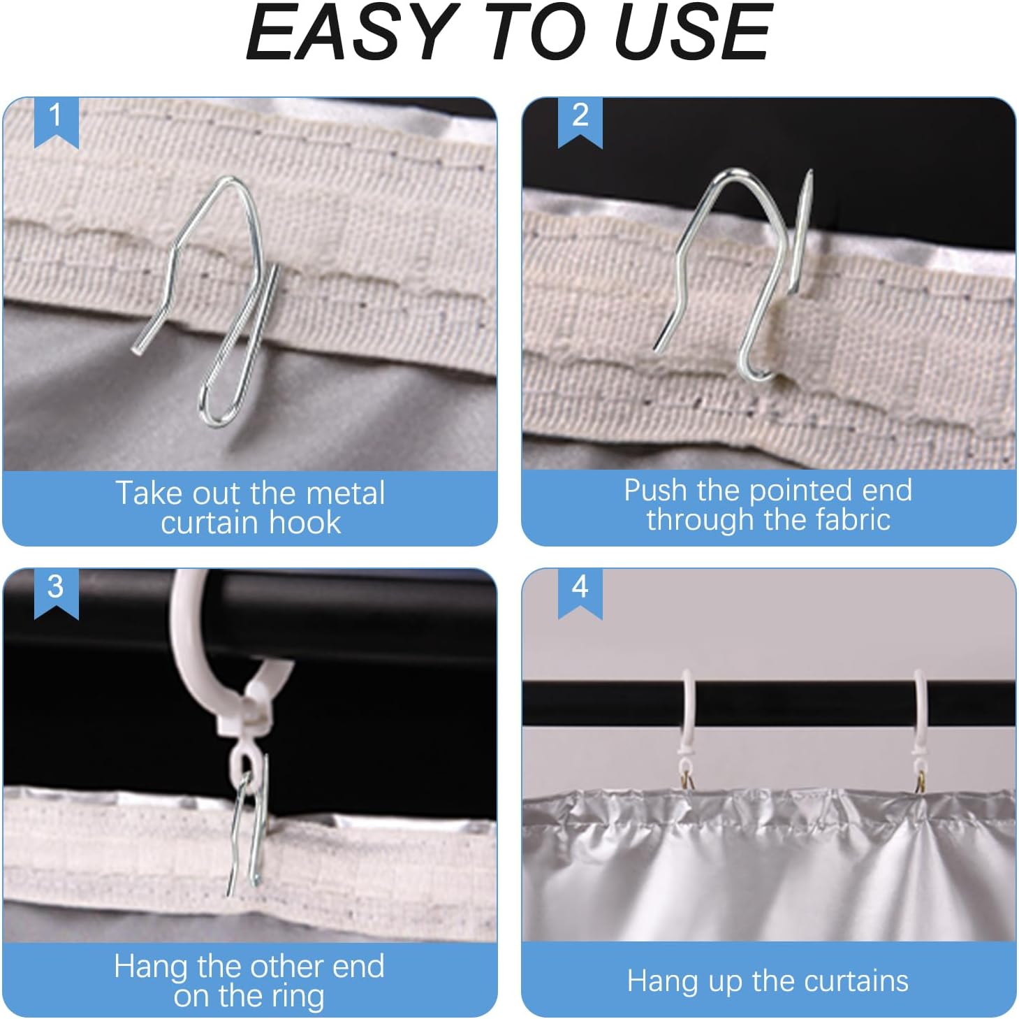 Metal Curtain Hooks, 200pcs Drapery Pins Stainless Steel Pin-on Hooks for Window Shower Door Curtain, Silver White