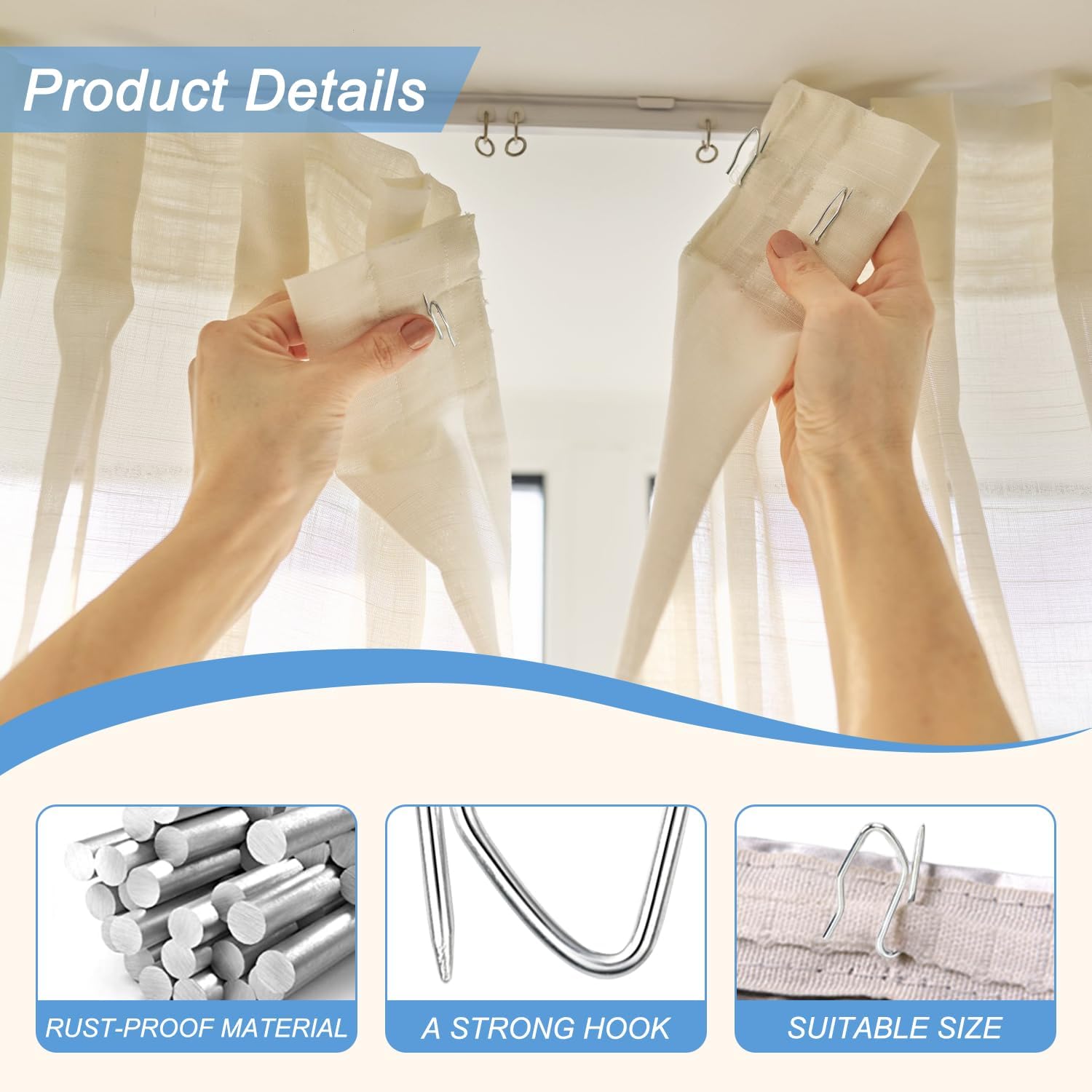 Metal Curtain Hooks, 200pcs Drapery Pins Stainless Steel Pin-on Hooks for Window Shower Door Curtain, Silver White