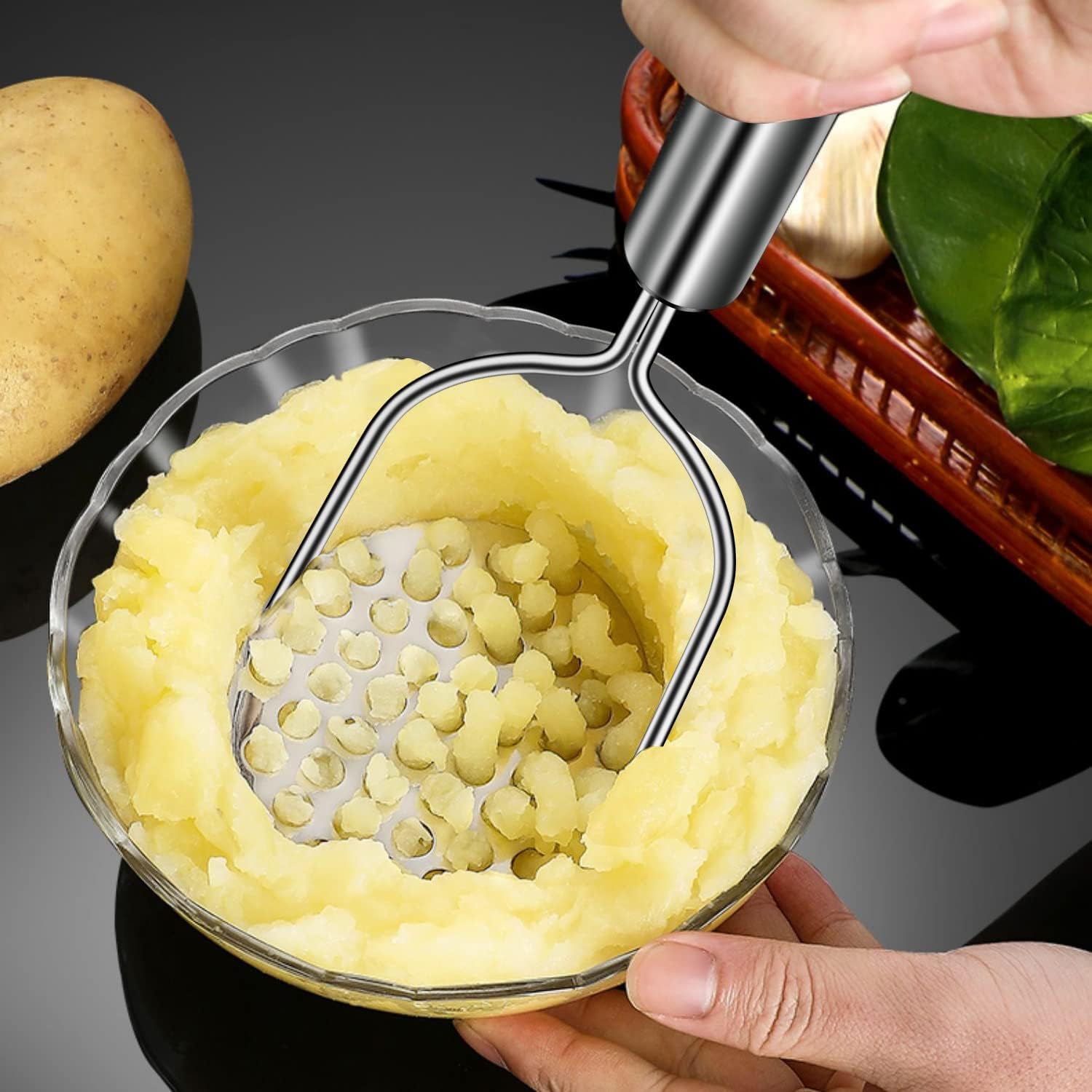 Potato Masher, 2 Pack Stainless Steel Integrated Kitchen Tool Food Masher for Potatoes, Vegetables, Berries, Fruits, Baby Food, Avocado