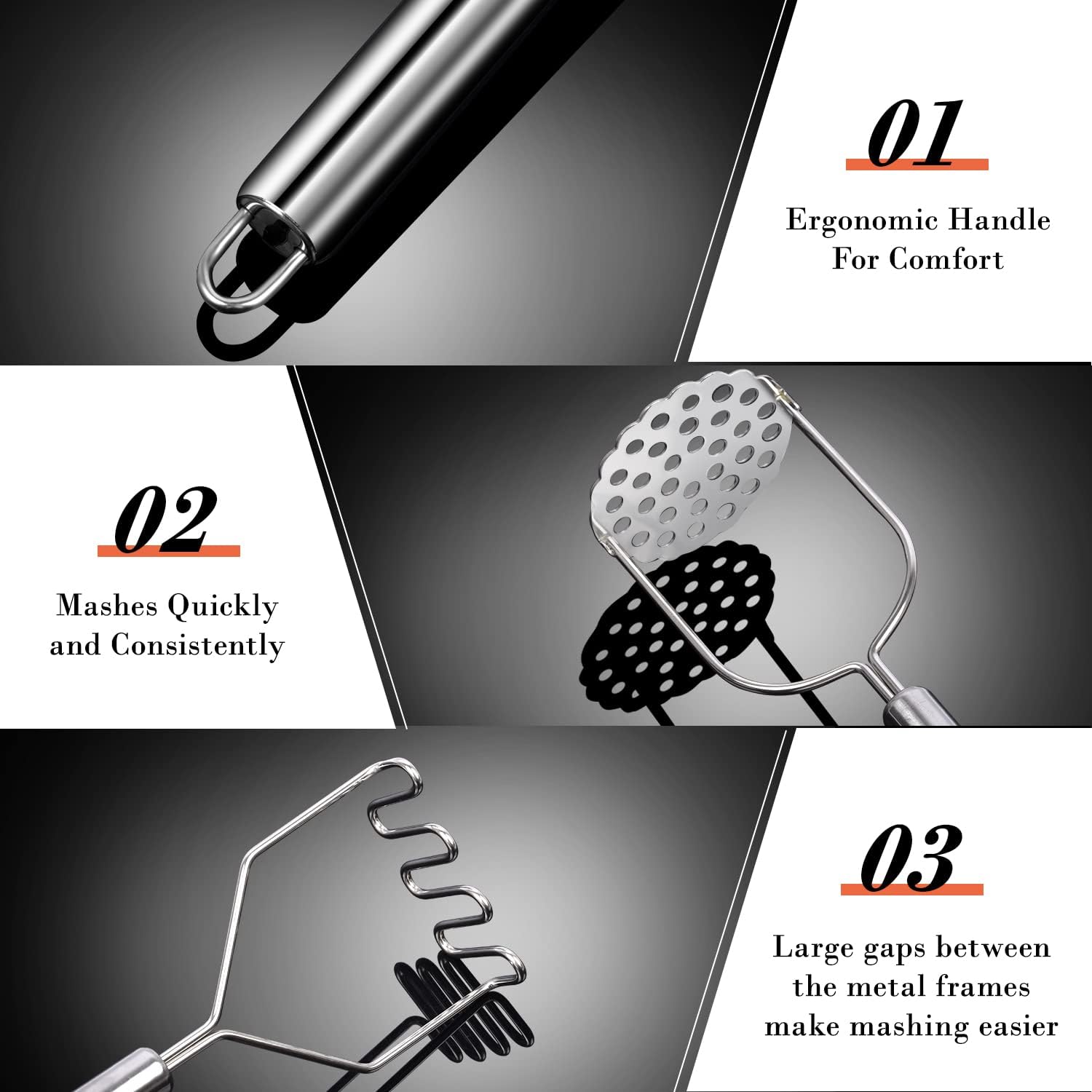 Potato Masher, 2 Pack Stainless Steel Integrated Kitchen Tool Food Masher for Potatoes, Vegetables, Berries, Fruits, Baby Food, Avocado