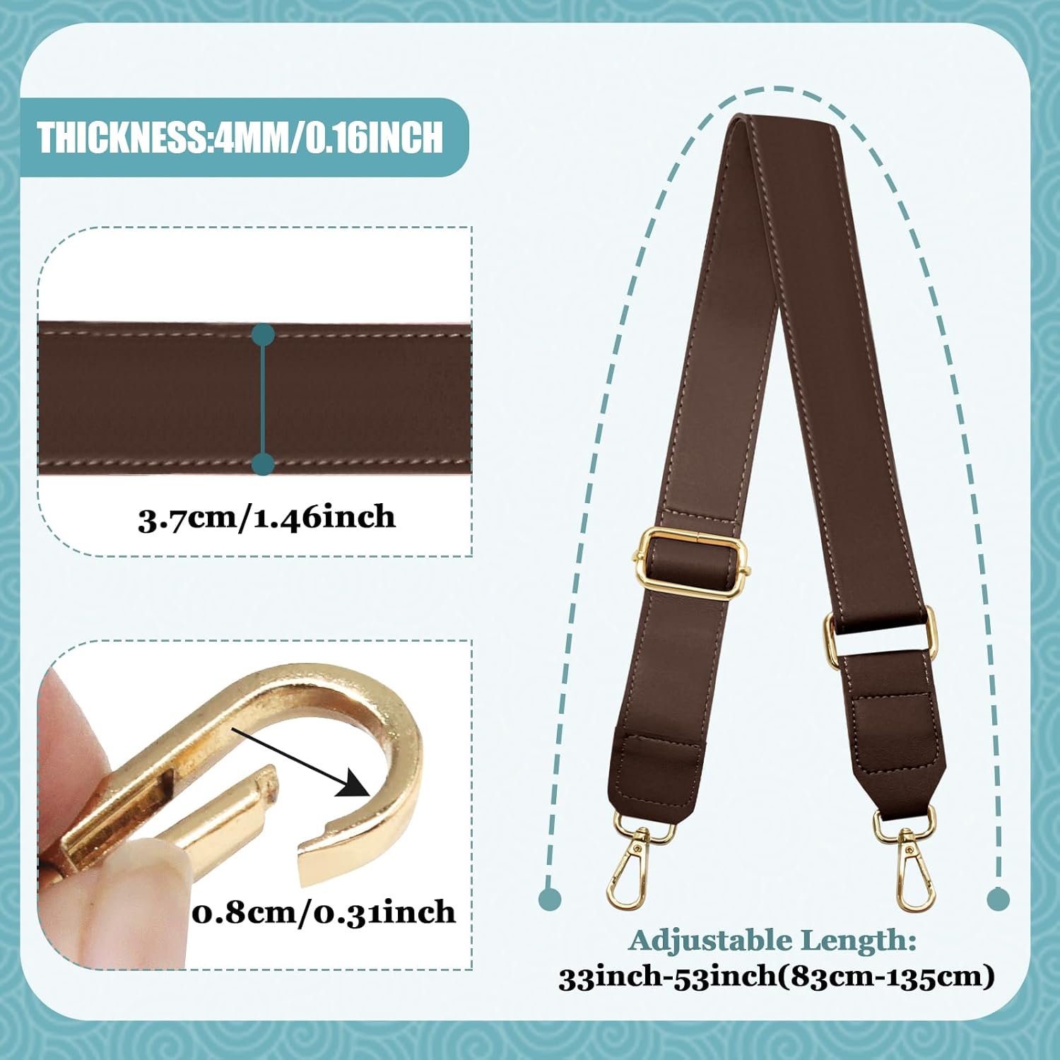 Dark Brown Leather Purse Strap Wide Adjustable Shoulder Purse Strap Handbags Replacement Crossbody Straps with Swivel Clasps, 33 55inch