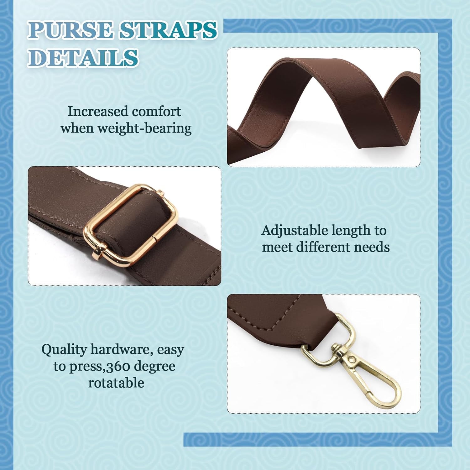 Dark Brown Leather Purse Strap Wide Adjustable Shoulder Purse Strap Handbags Replacement Crossbody Straps with Swivel Clasps, 33 55inch