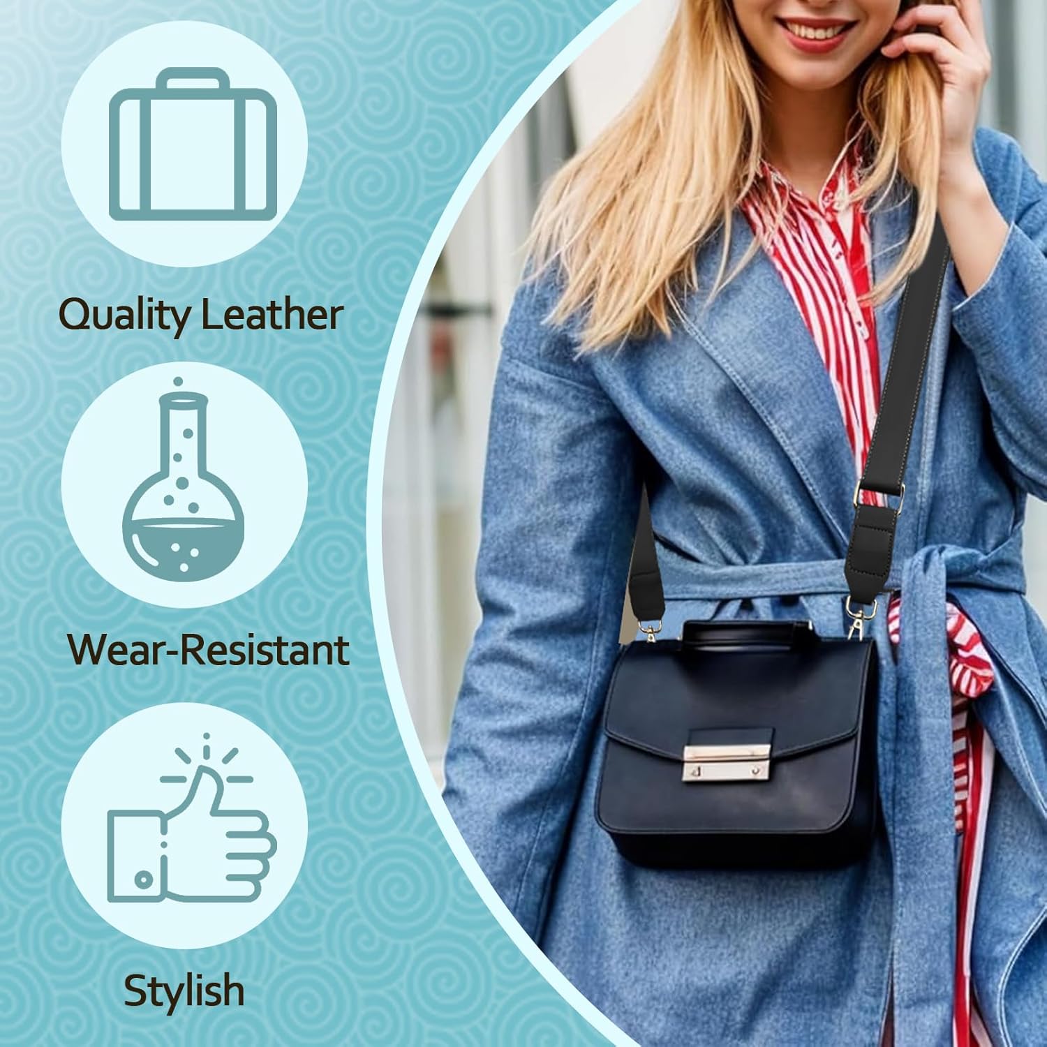 Dark Brown Leather Purse Strap Wide Adjustable Shoulder Purse Strap Handbags Replacement Crossbody Straps with Swivel Clasps, 33 55inch
