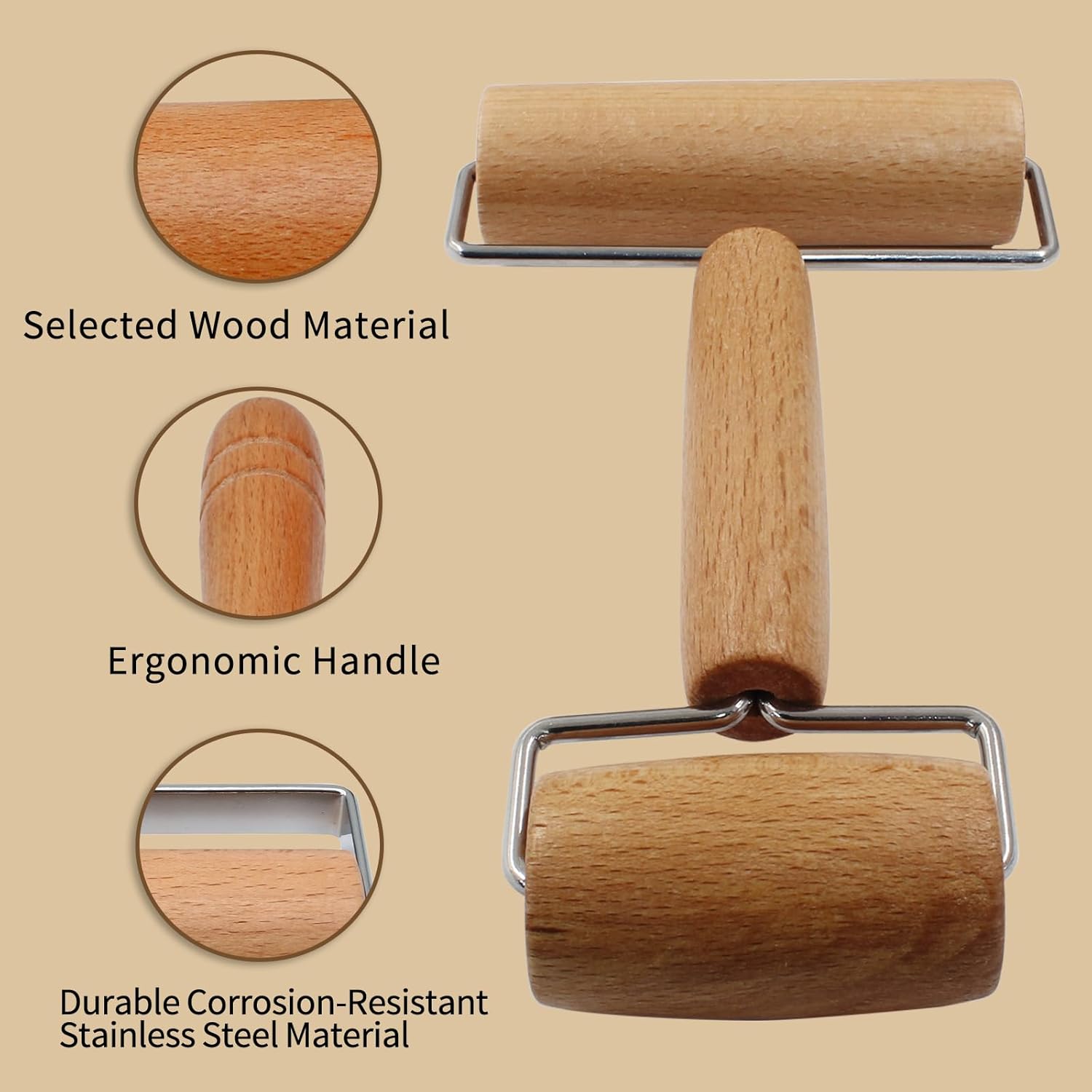 Wooden Rolling Pin, Ergonomic Non-Stick Pizza Baker Dough Pastry Roller for Kitchen Home Cooking Baking H Square Type