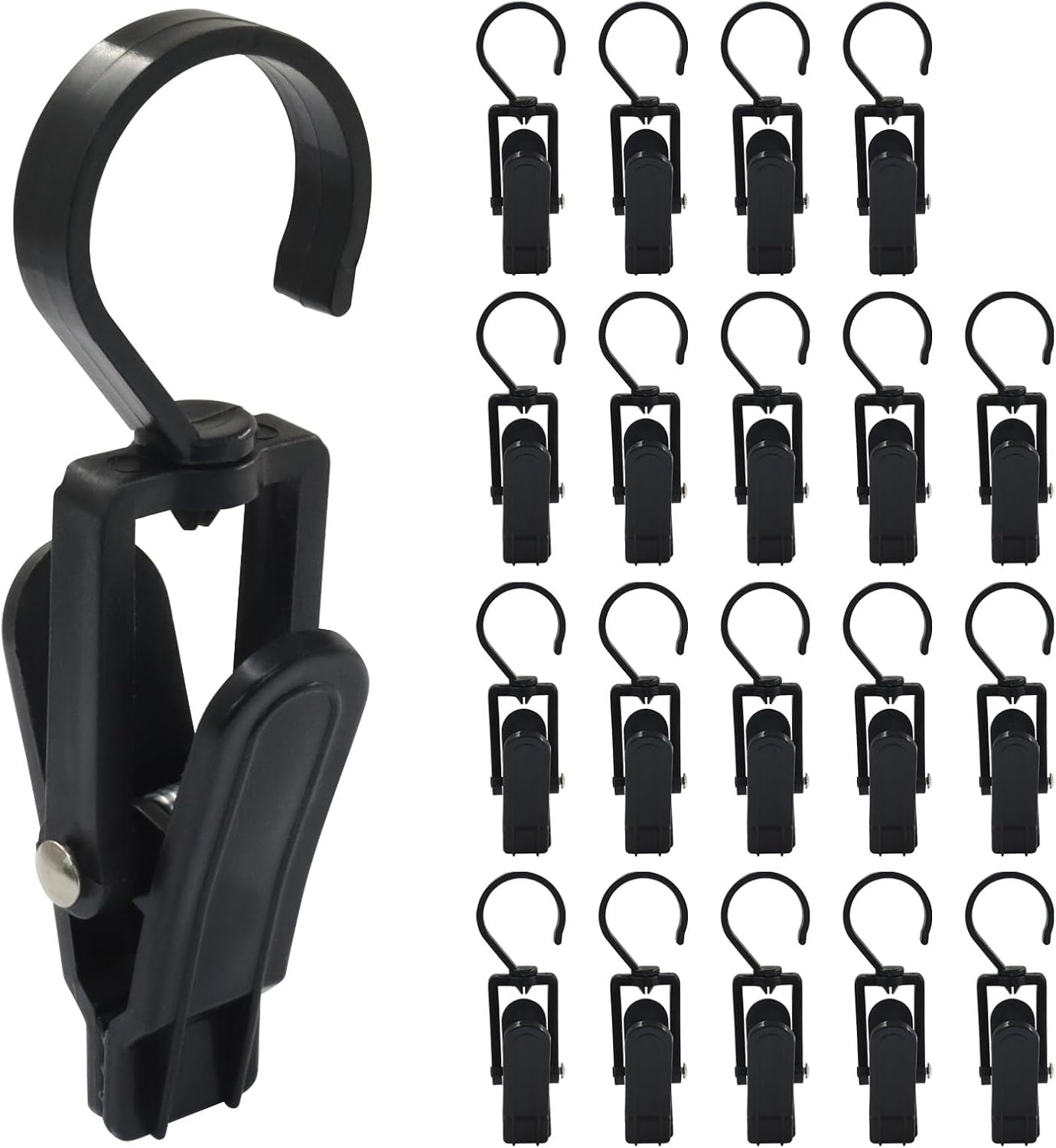 20 Pack Super Strong Swivel Hanging Hooks, Laundry Clips Plastic Clothes Pins Beach Towel Clips, 360° Rotating Curtain Clips for Home Office & Workshop/Clothing Store/Closet, 4.3-inch Black