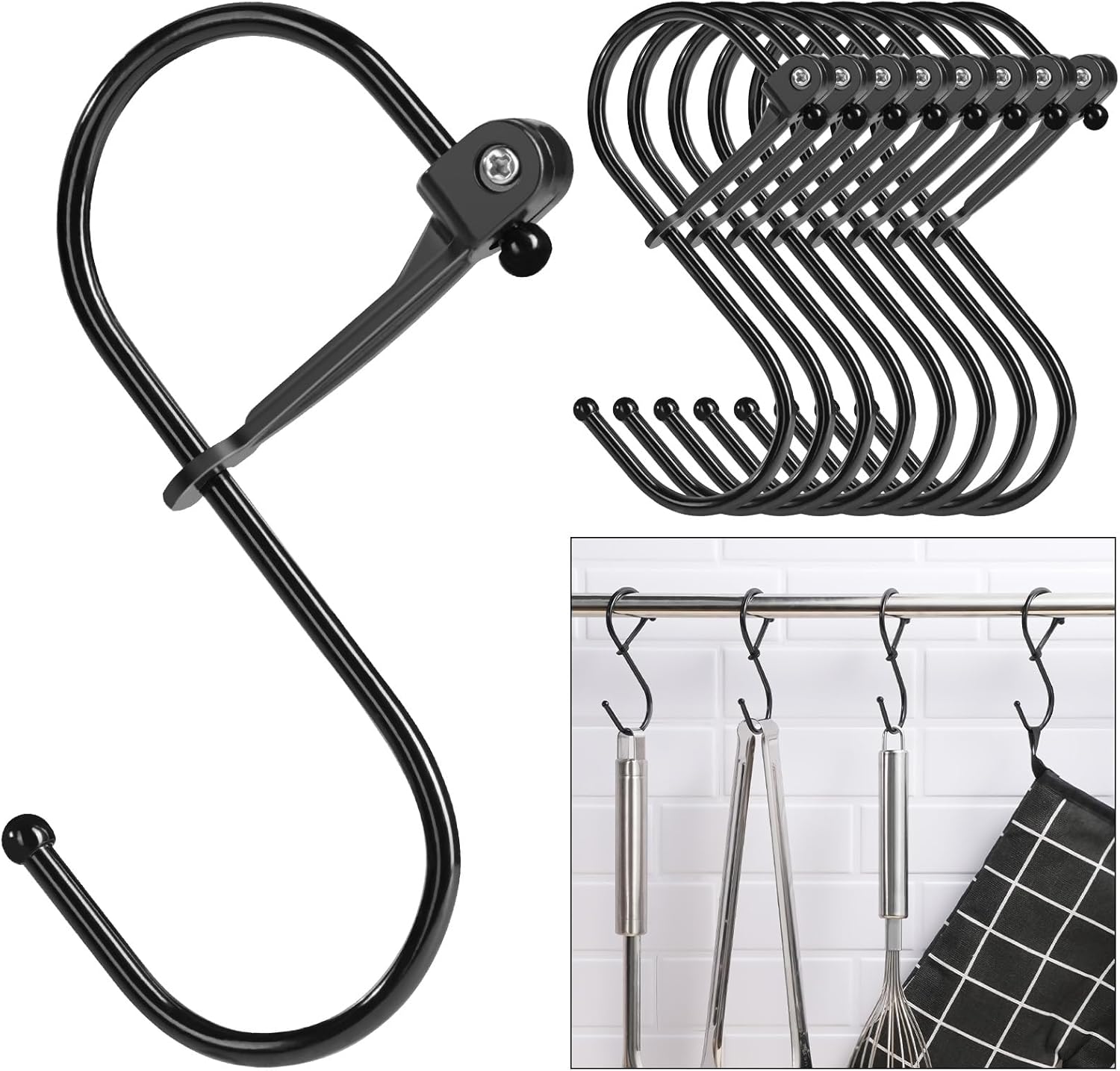 S Hooks, 8pcs 3.5 Inches Metal Safety Buckle S Shaped Hooks for Kitchen, Bathroom, Closet Black