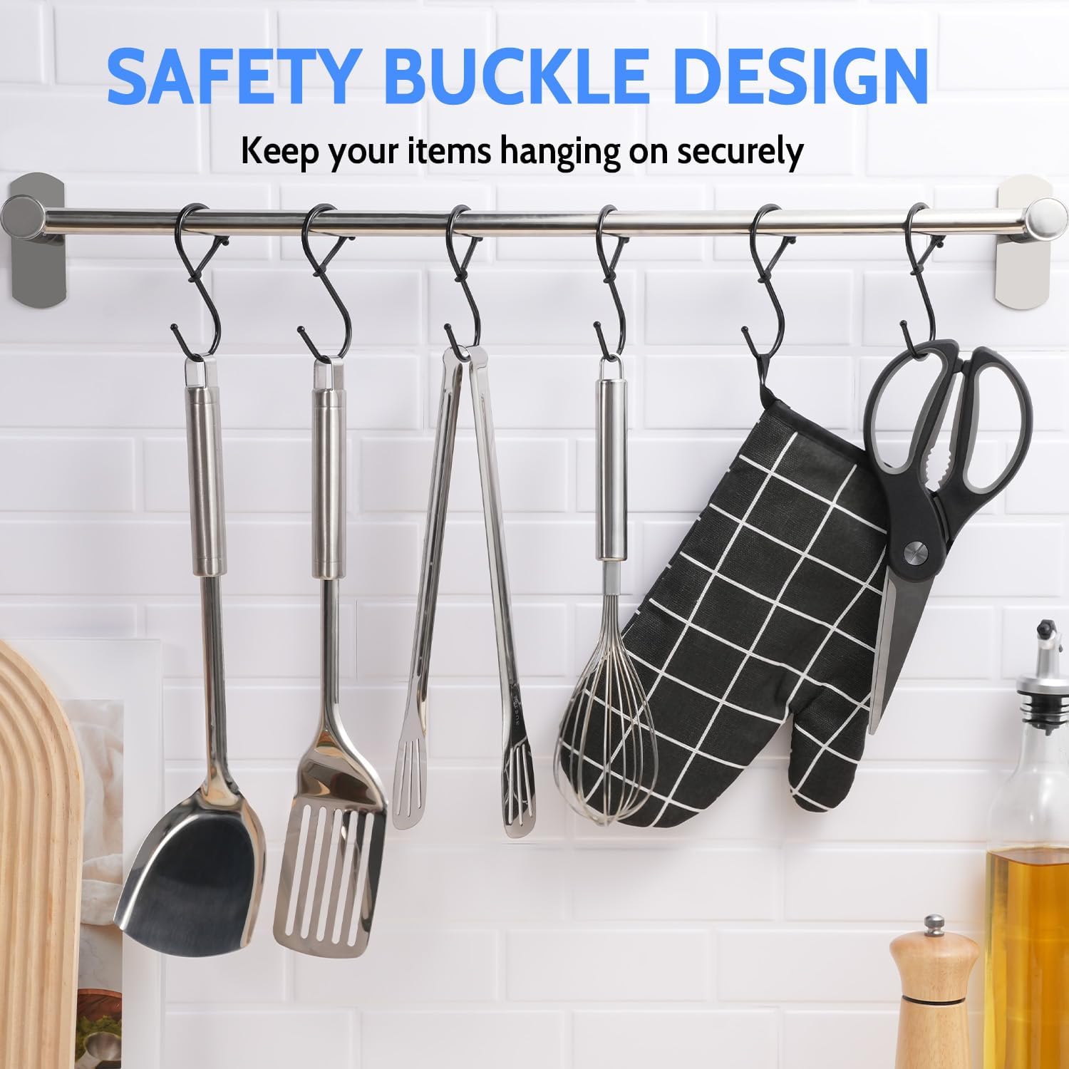 S Hooks, 8pcs 3.5 Inches Metal Safety Buckle S Shaped Hooks for Kitchen, Bathroom, Closet Black