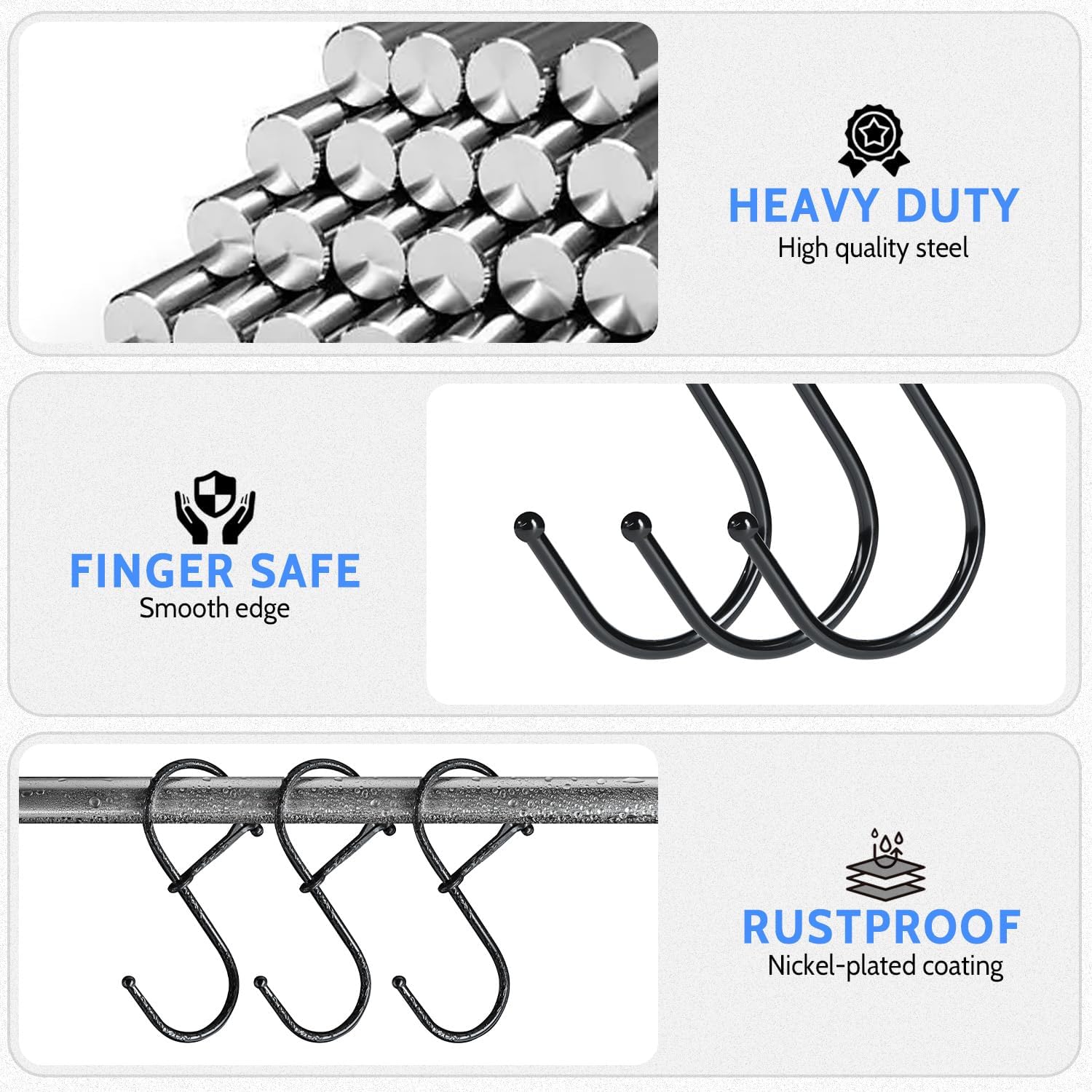 S Hooks, 8pcs 3.5 Inches Metal Safety Buckle S Shaped Hooks for Kitchen, Bathroom, Closet Black