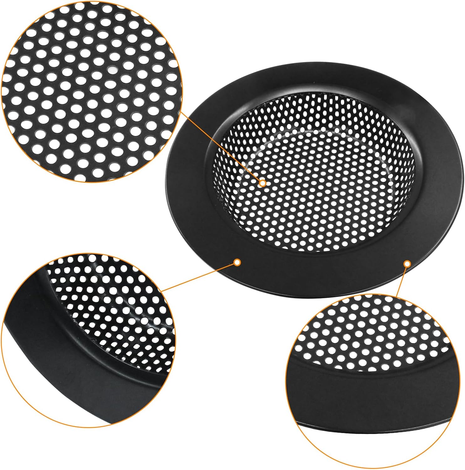 2 Pcs Sink Strainer Stainless Steel Kitchen Sink Drain Strainer Basket Cover Mesh Hair Food Catcher with Large Wide Rim 4.4" Diameter, Matte Black