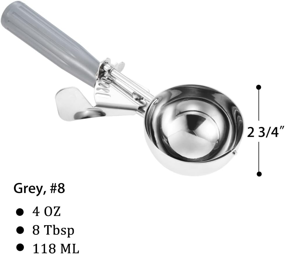 Portion Scoop - #8 4 oz - Disher, Large Cookie Scoop, Food Scoops, Muffin Scoops - Portion Control - 18/8 Stainless Steel, Grey Handle
