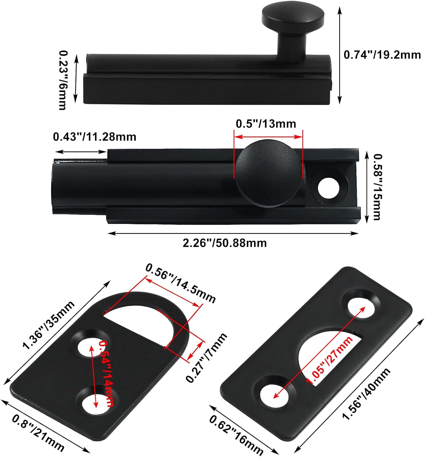 Sliding Deadbolt, Heavy Duty Solid Brass Surface Bolt, Door Slide Lock Anti Theft Security Door Latch Lock with Screws Black,2 Inch