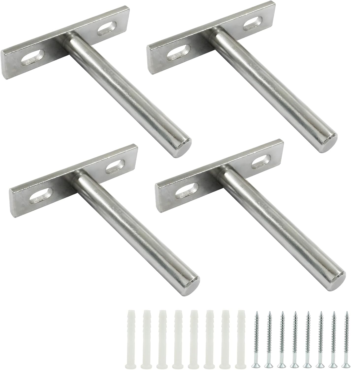 4 Pcs Hidden Floating Shelf Brackets, 3 Inch, Silver, Steel, Wall Mount, Screws and Wall Plugs Included