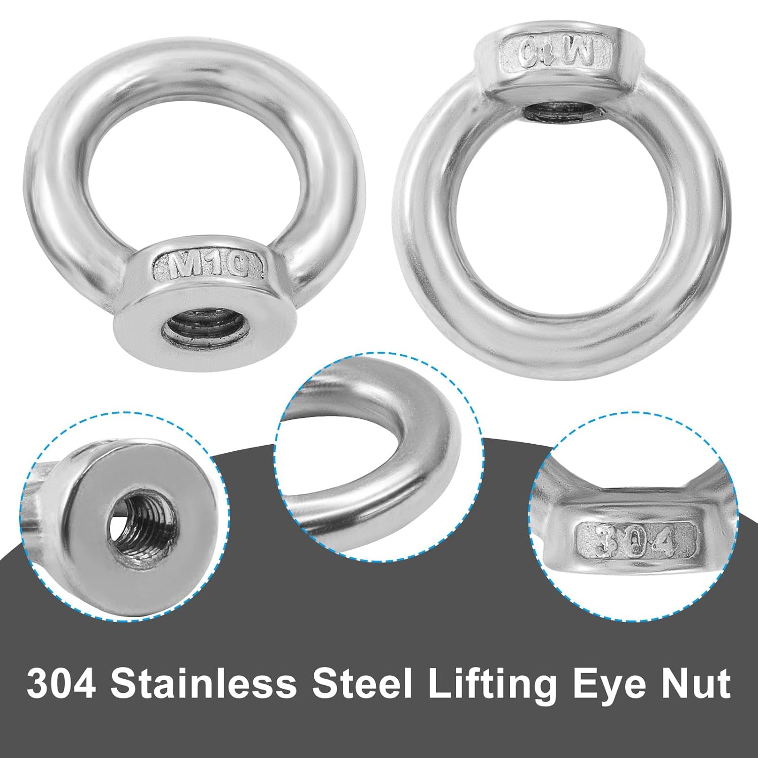 6 Pcs M10 304 Stainless Steel Lifting Eye Nut, 3/8" Metric Ring Shape Nut Threaded Fastener for Boating/Industrial Use
