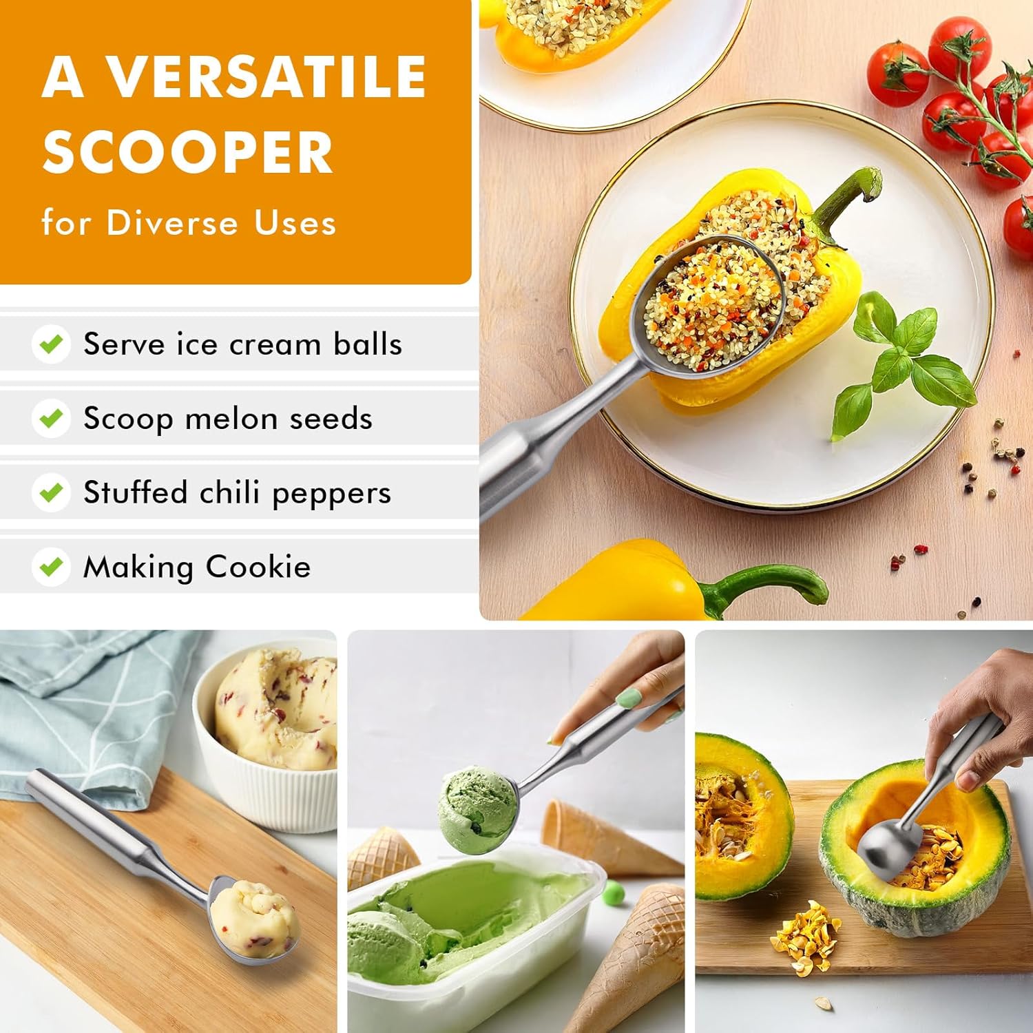 Ice Cream Scoop Stainless Steel. Ice Cream Scooper, Heavy Duty, Seamless Design, Comfortable Grip Long Handle, for Ice Cream, Gelato, Sorbet, Cookie Dough, Melon, Frozen Yogurt