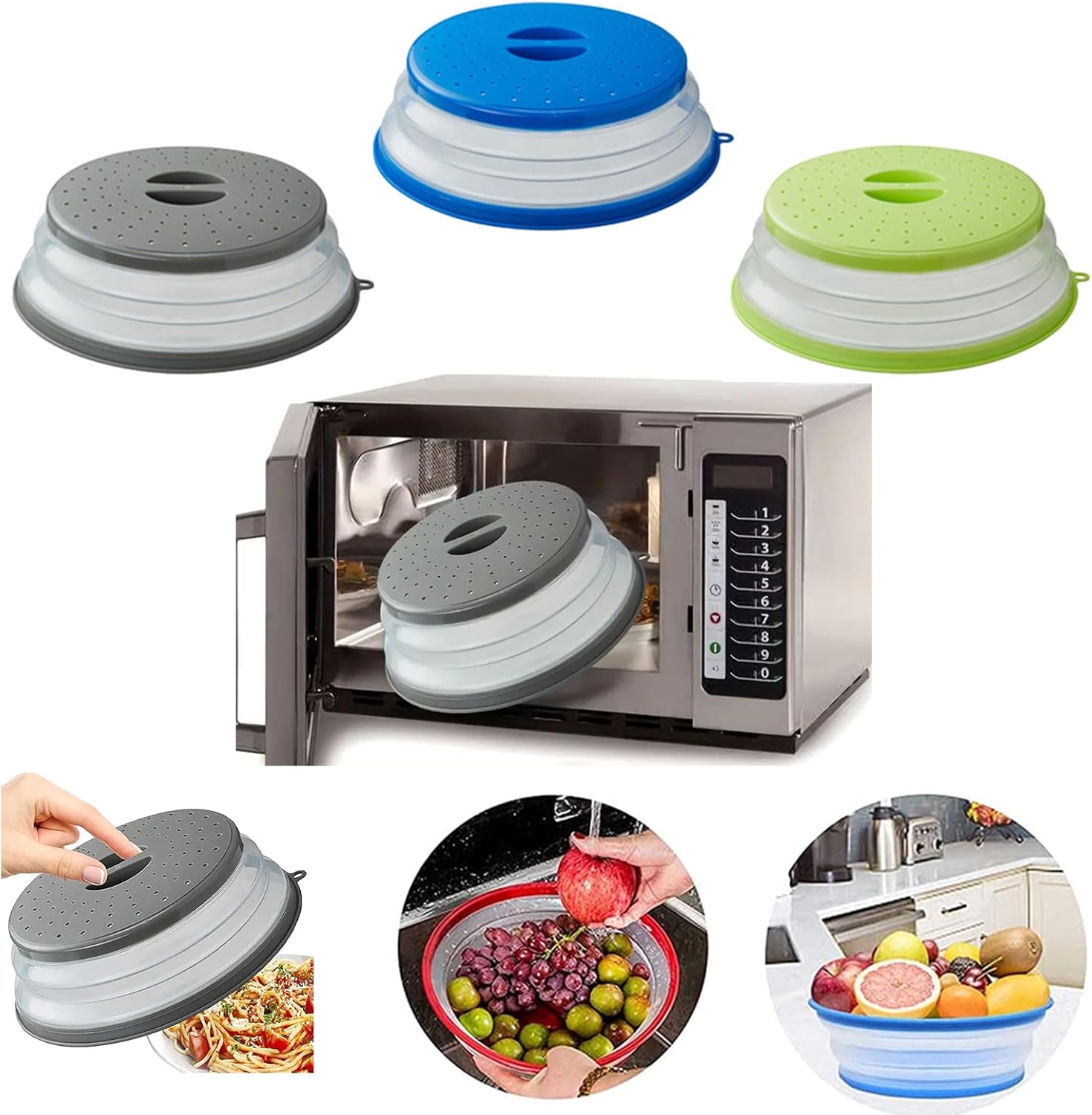 Microwave Splatter Cover Vented for Food, Splatter Guard & Colander Kitchen Gadget for Fruit Vegetables Microwave Plate Cover with Hook Hole,Dishwasher-Safe,BPA-Free Silicone & Plastic 1 Pack