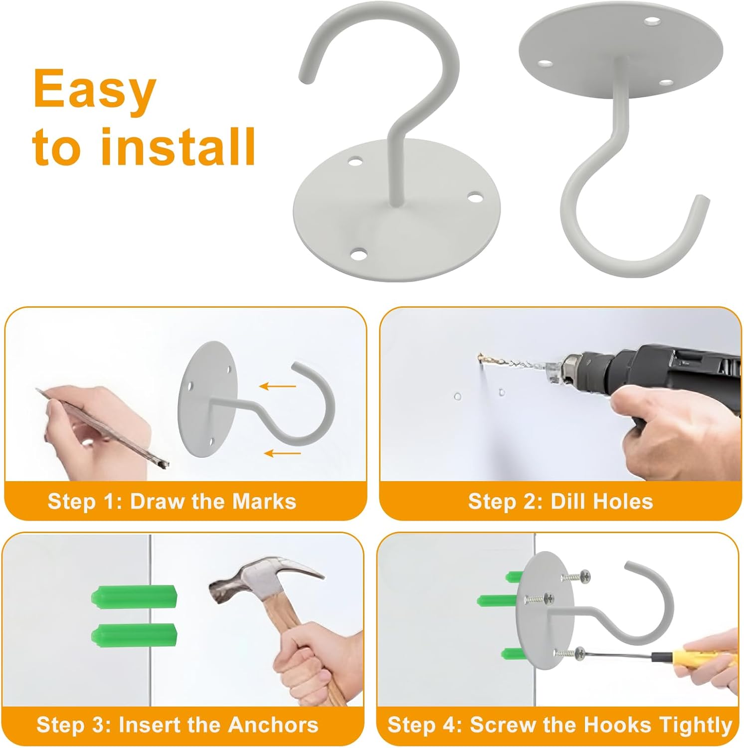 3 Pack Heavy Duty Ceiling Hooks, Metal Wall Mounted Hangers for Indoor Outdoor Bird Feeders Planters, Hanging Plants White