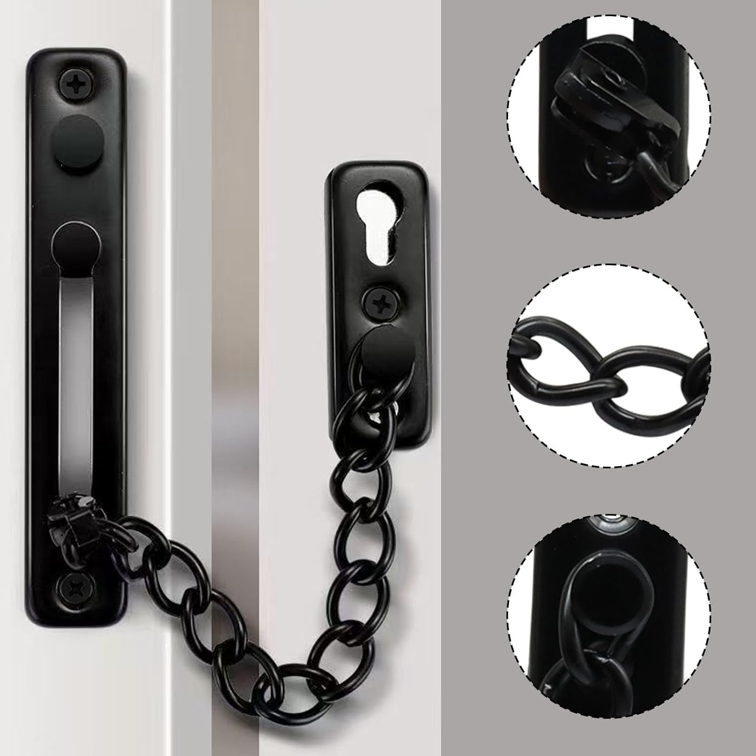 Heavy Duty Door Chain Lock with Mounting Screws, Stainless Steel Door Chain Guard for Front Doors, Pet Safe Black, 2 Pack