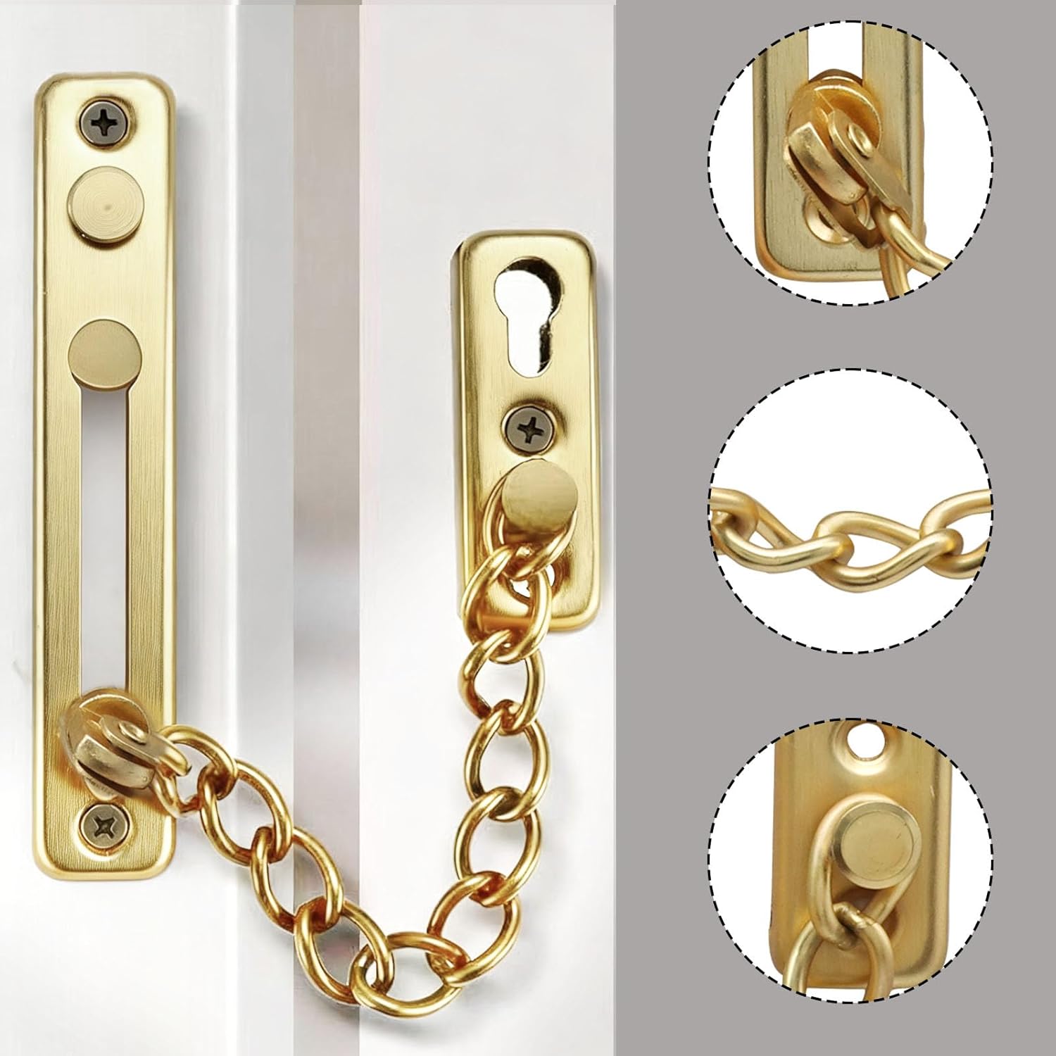 Heavy Duty Door Chain Lock with Mounting Screws, Stainless Steel Door Chain Guard for Front Doors, Pet Safe Gold, 1 Pack