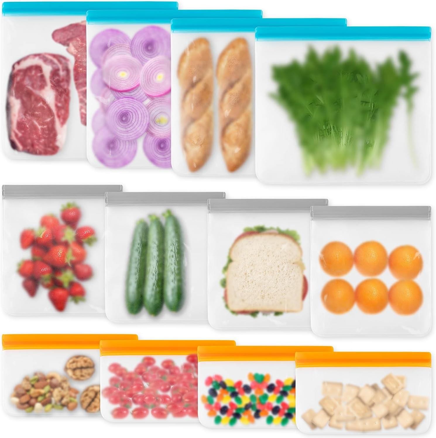 12 Pack Reusable Freezer Bags Dishwasher Safe, Leakproof Food Storage Bags, Silicone Bags for Food Storage Home Organization 4 Reusable Snack Bags 4 Sandwich Bags 4 Gallon Freezer Bags