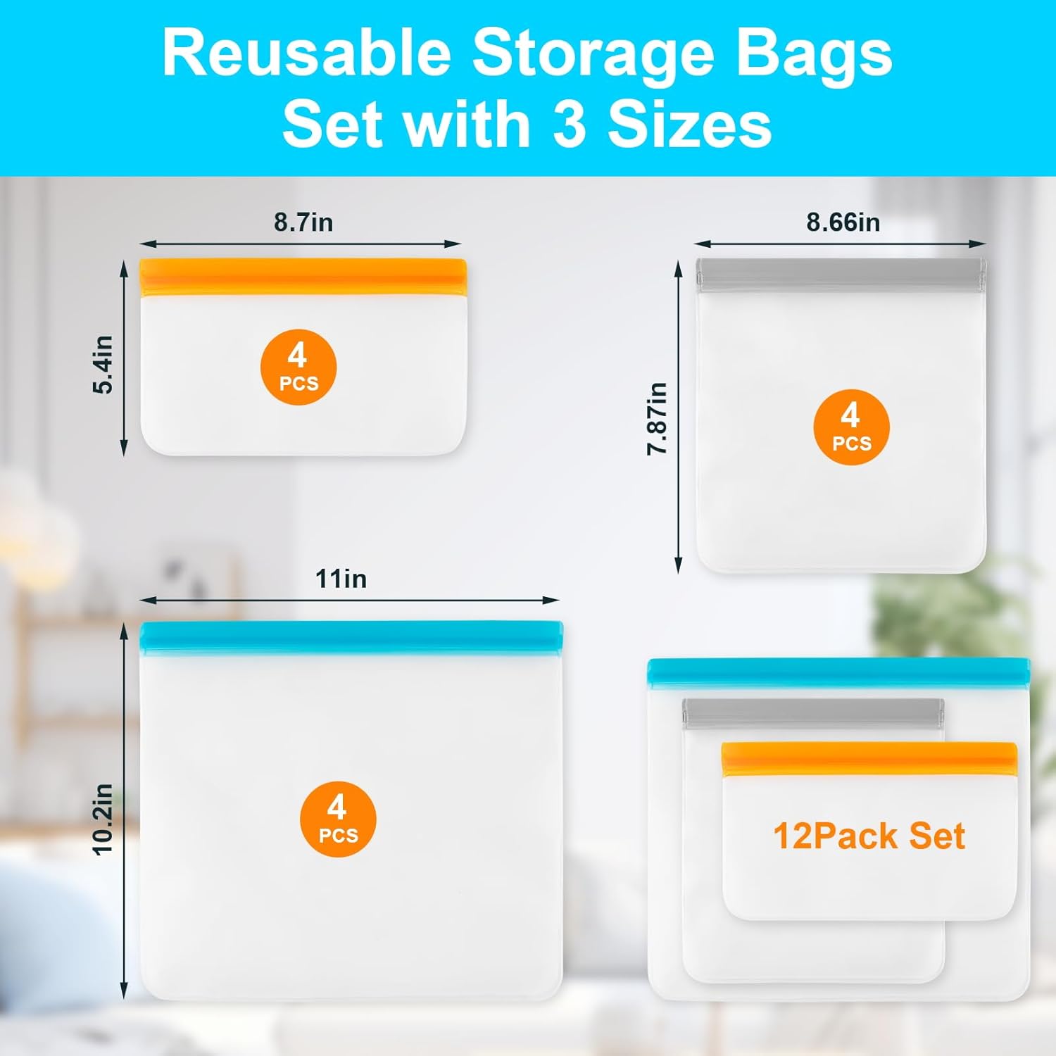 12 Pack Reusable Freezer Bags Dishwasher Safe, Leakproof Food Storage Bags, Silicone Bags for Food Storage Home Organization 4 Reusable Snack Bags 4 Sandwich Bags 4 Gallon Freezer Bags
