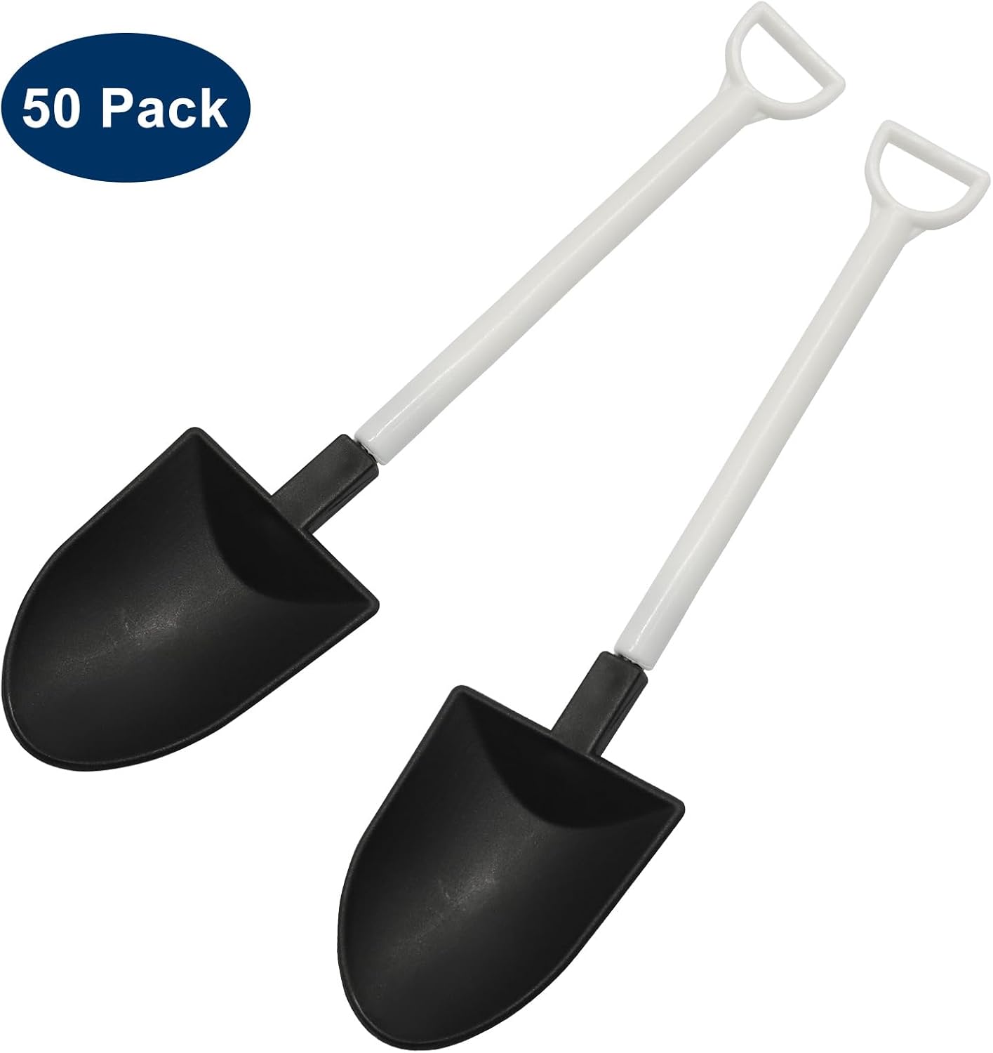 50 Pack Plastic Mini Shovel Shape Spoons for Desserts, Disposable Dessert Ice Cream Spoons, Fun Utensils for Family/Party Black+White