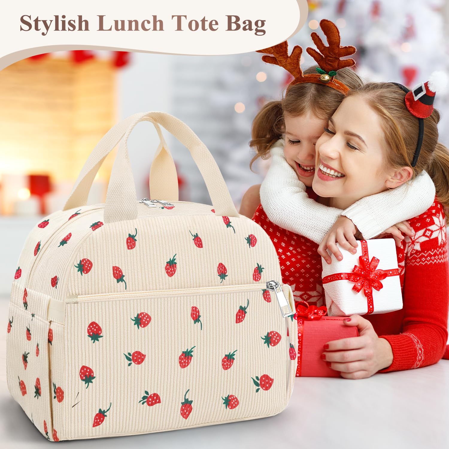Lunch Box for Women, Cute Strawberry Corduroy Insulated Lunch Bag Women Reusable Work Leakproof Simple Adults Large Lunch Boxes Tote Bag Men Cooler Bag