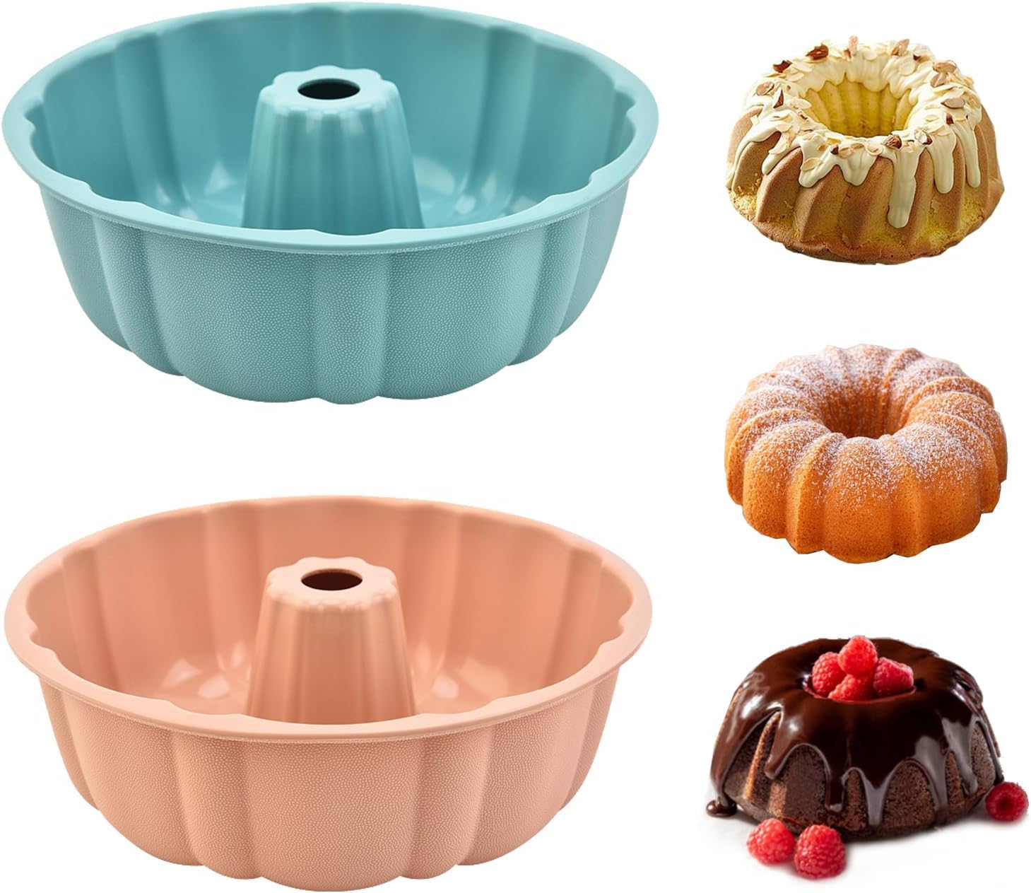 2 Pack Silicone Cake Pan Nonstick,10 Inch, Silicone Cake Molds,Pound Cake Pan, Baking Cake Pan for Jello,Gelatin,Cake,Brownie and Bread Pink+Blue