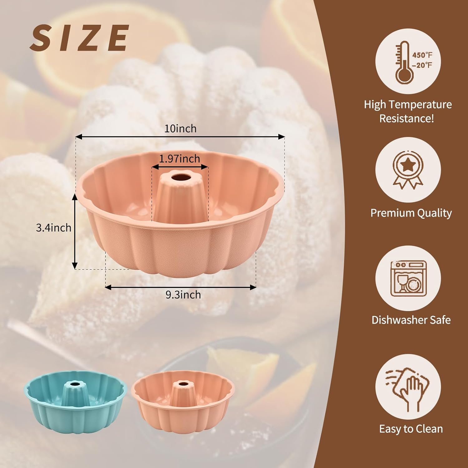 2 Pack Silicone Cake Pan Nonstick,10 Inch, Silicone Cake Molds,Pound Cake Pan, Baking Cake Pan for Jello,Gelatin,Cake,Brownie and Bread Pink+Blue