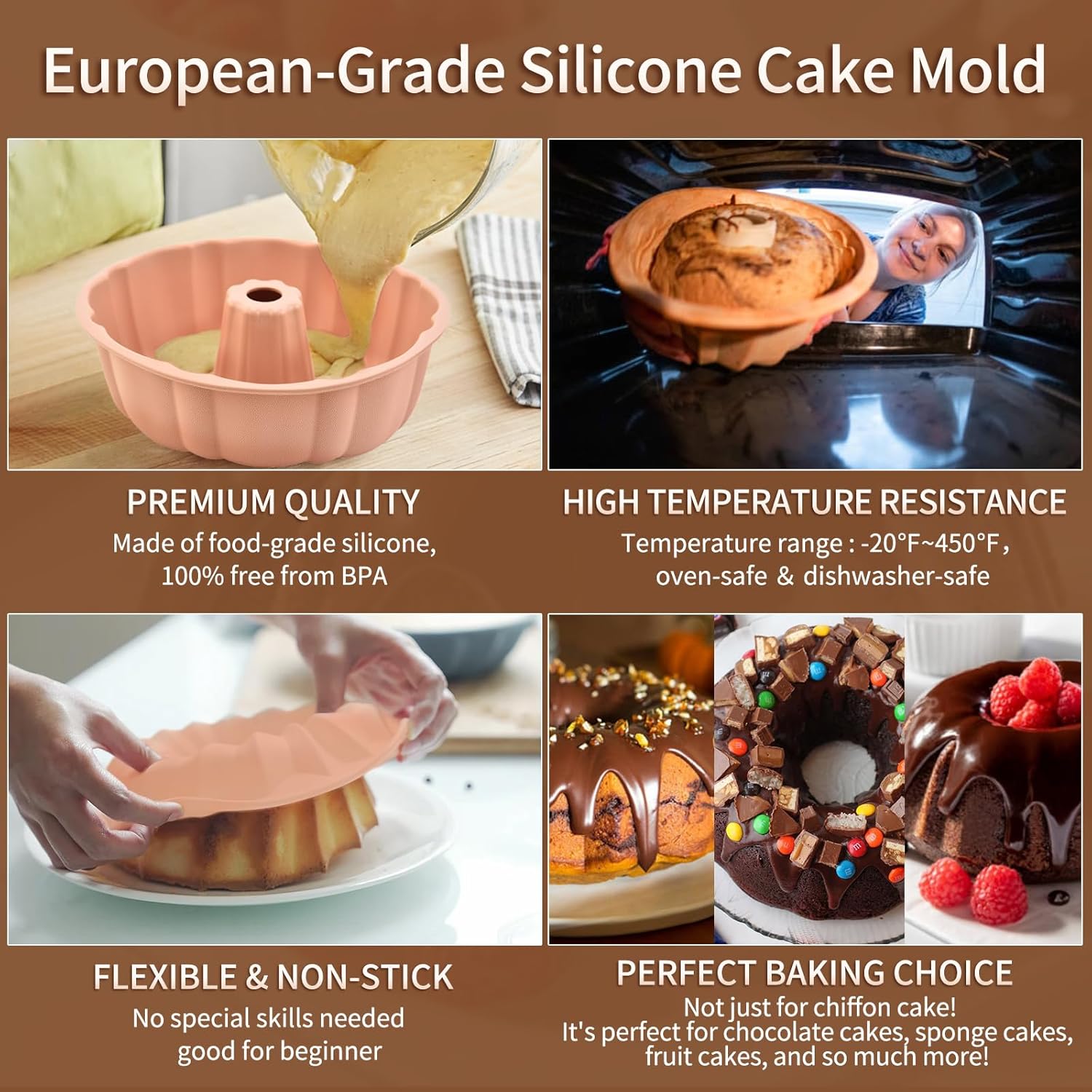 2 Pack Silicone Cake Pan Nonstick,10 Inch, Silicone Cake Molds,Pound Cake Pan, Baking Cake Pan for Jello,Gelatin,Cake,Brownie and Bread Pink+Blue