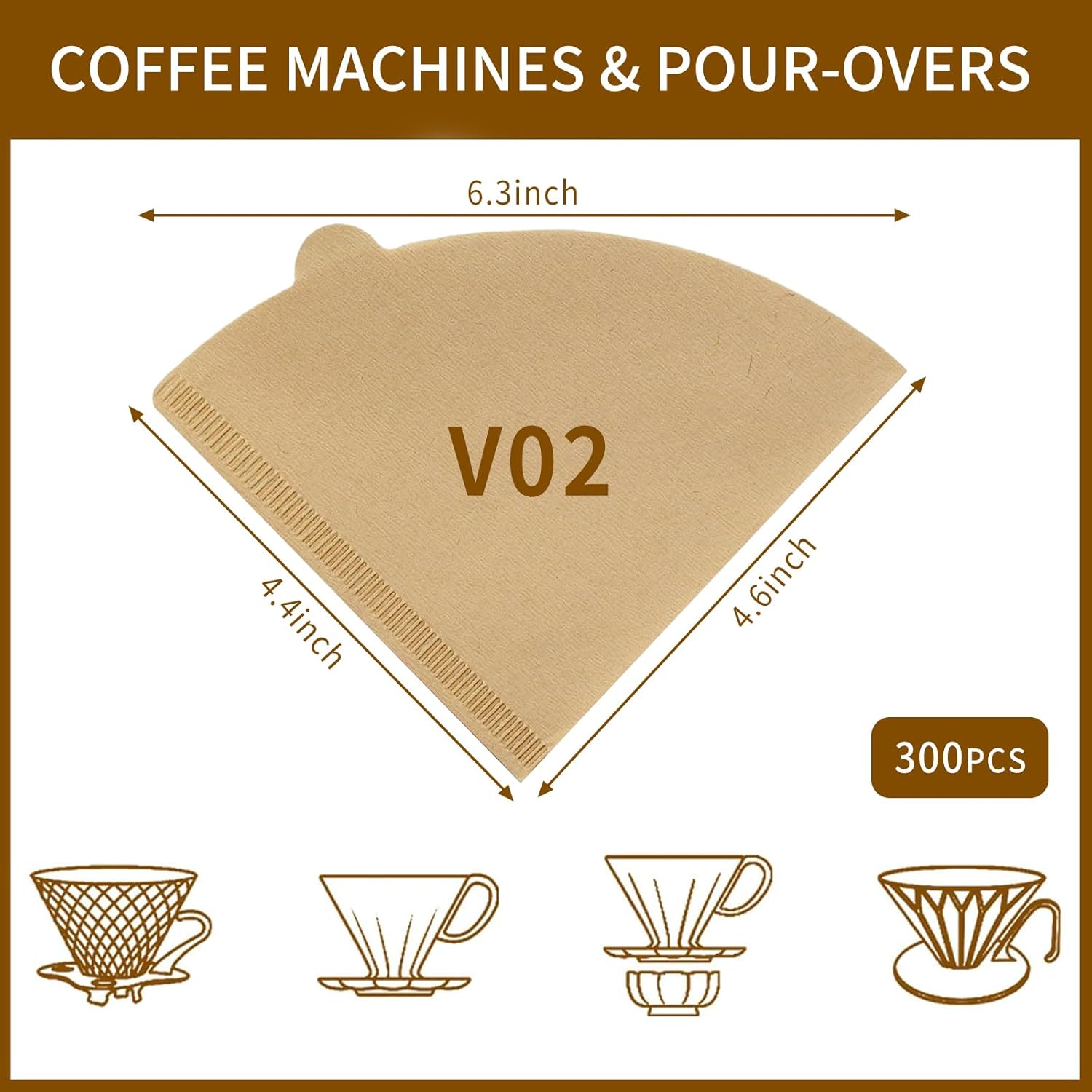 V60 Coffee Filters, 300 Count Size 02 Pour Over Coffee Filter, 1-4 Cups Disposable Cone Paper Coffee Filters 2， Compatible with Conical Shaped Dripper and Drip Coffee Maker Natural