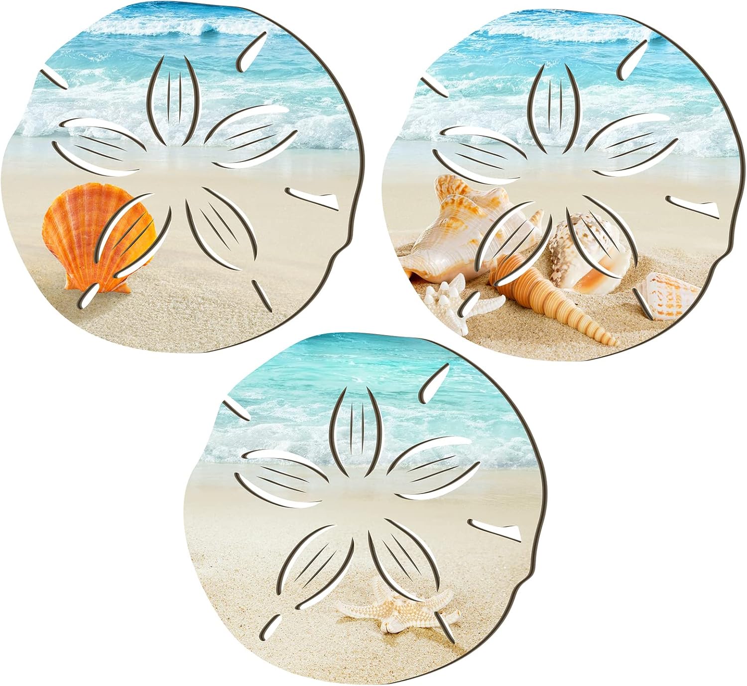 3 Pcs Summer Coastal Wall Decor Bathroom Beach Blue Wall Art Sea Turtle Surfboard Seahorse Starfish Seashell Conches Crabs Sea Life Decor for Bedroom Home Sand Dollar Style