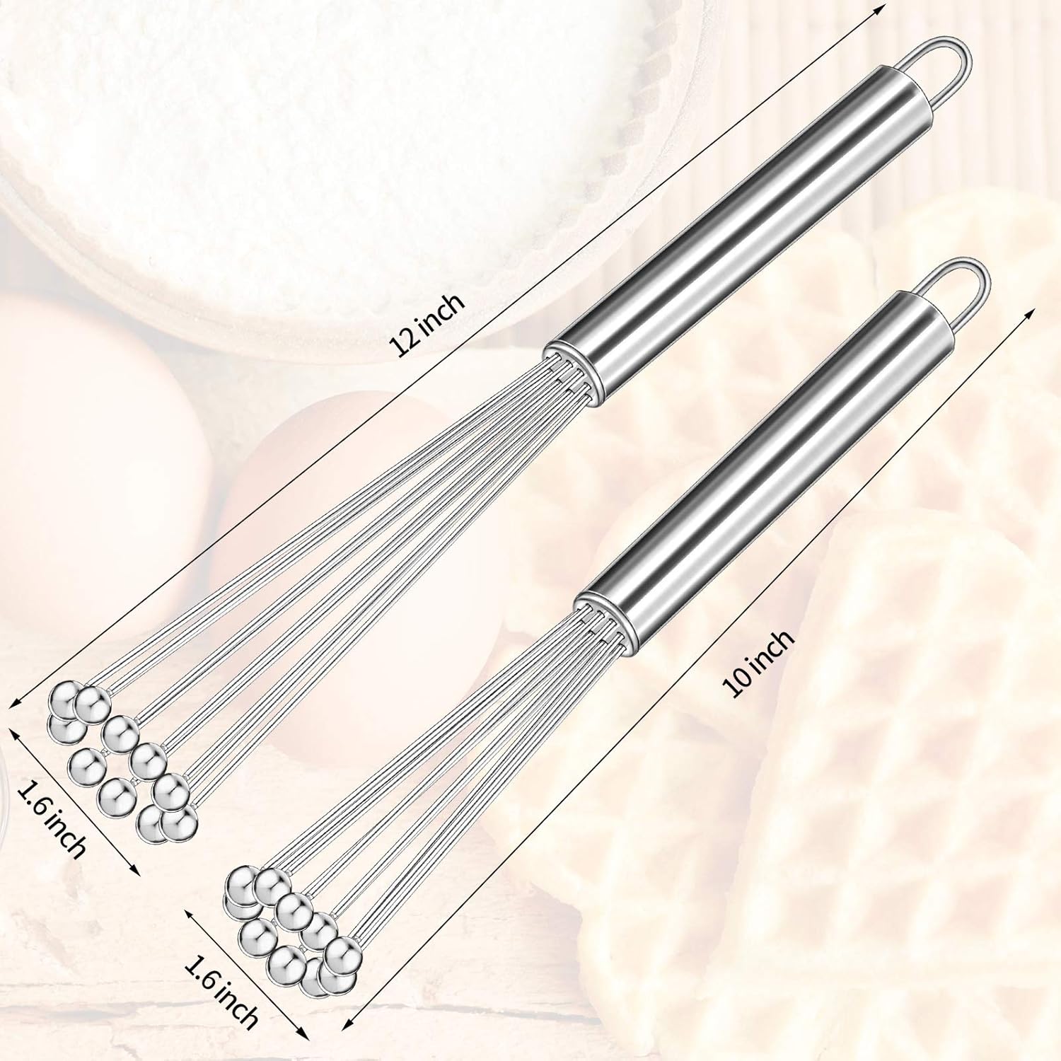 2 Pieces Stainless Steel Ball Whisk Wire Egg Whisk Set Kitchen for Cooking, Blending, Whisking, Beating, Stirring 10 Inch and 12 Inch