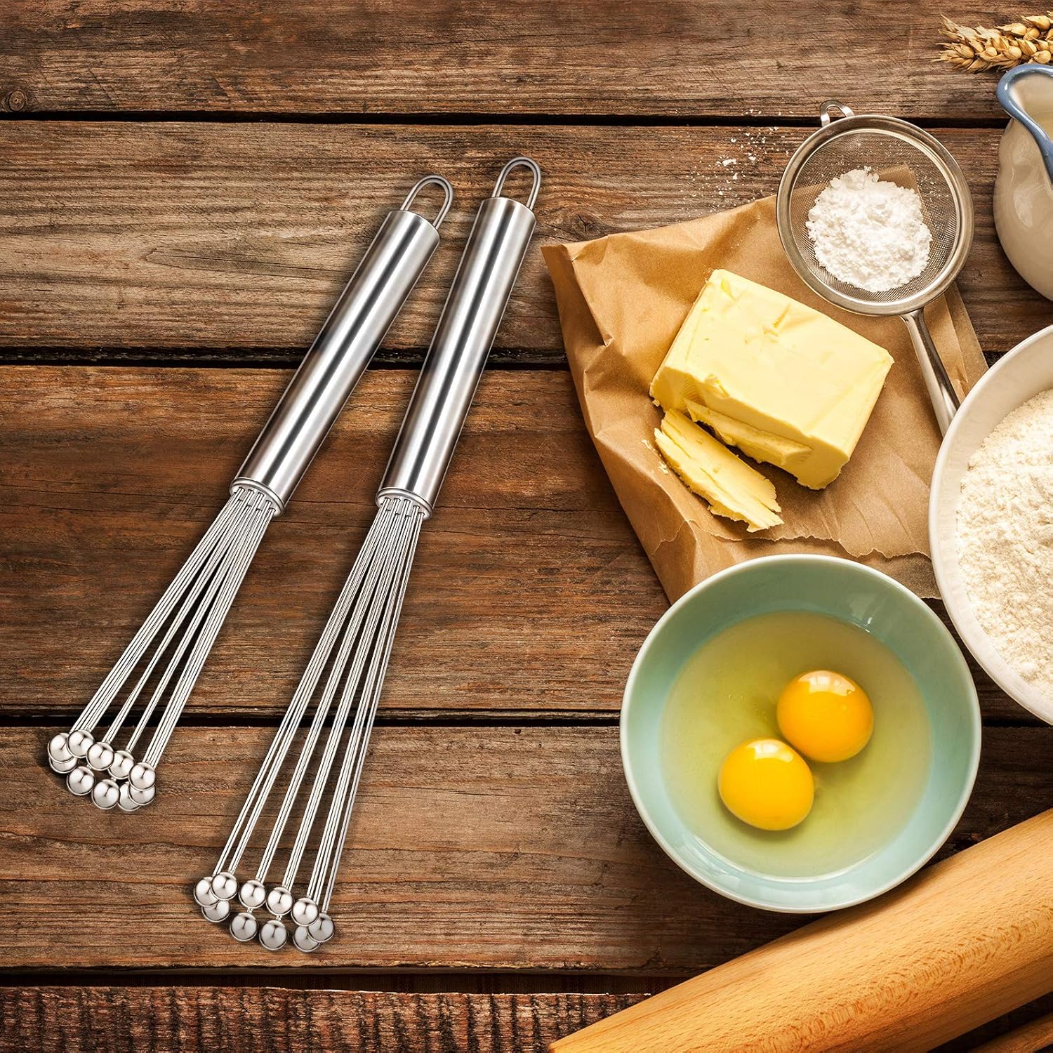 2 Pieces Stainless Steel Ball Whisk Wire Egg Whisk Set Kitchen for Cooking, Blending, Whisking, Beating, Stirring 10 Inch and 12 Inch