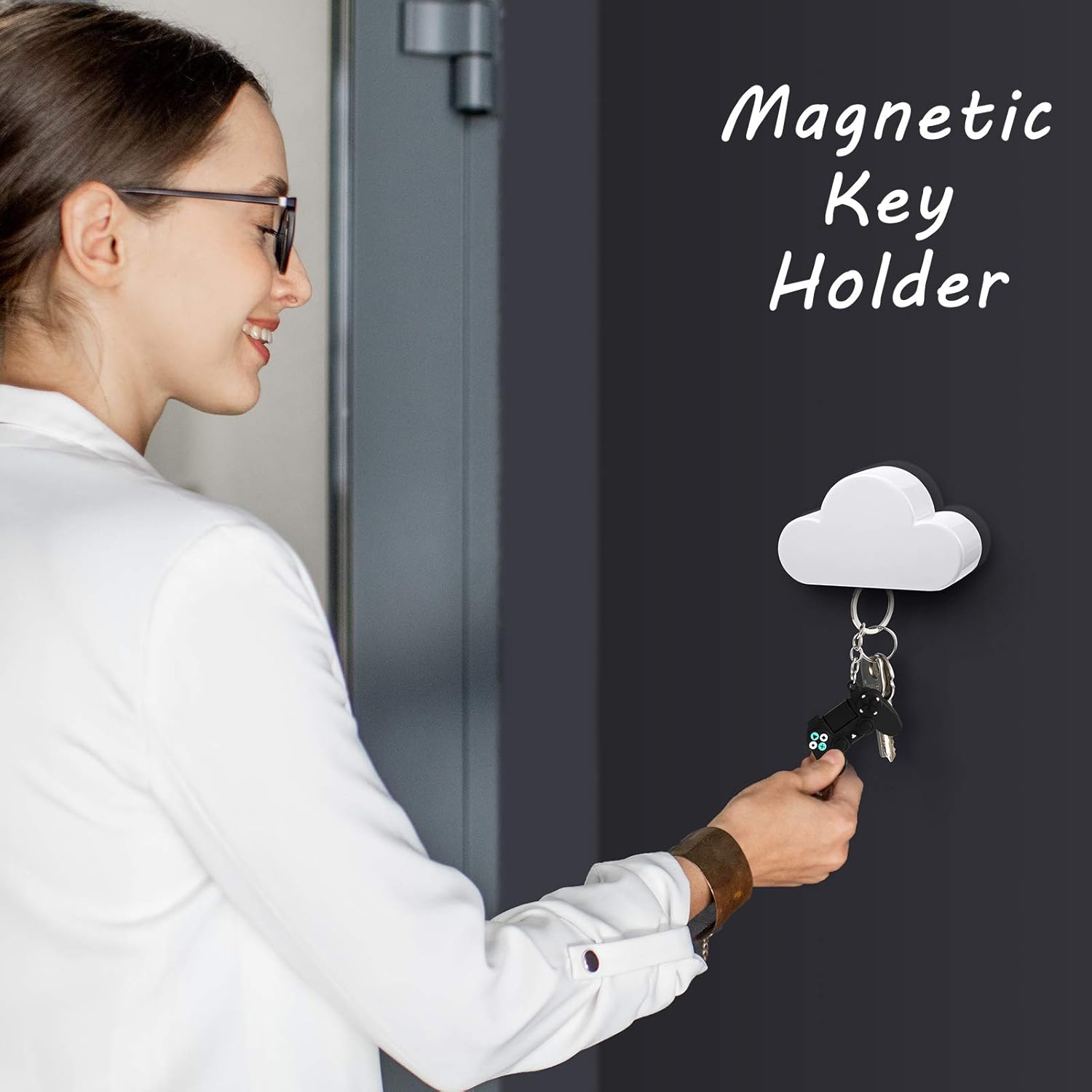 4 Pieces Cloud Magnetic Key Holder for Wall Key Rack Organizer Keychains Hooks with Adhesive for Door White