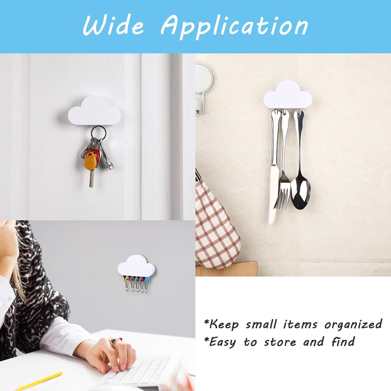4 Pieces Cloud Magnetic Key Holder for Wall Key Rack Organizer Keychains Hooks with Adhesive for Door White