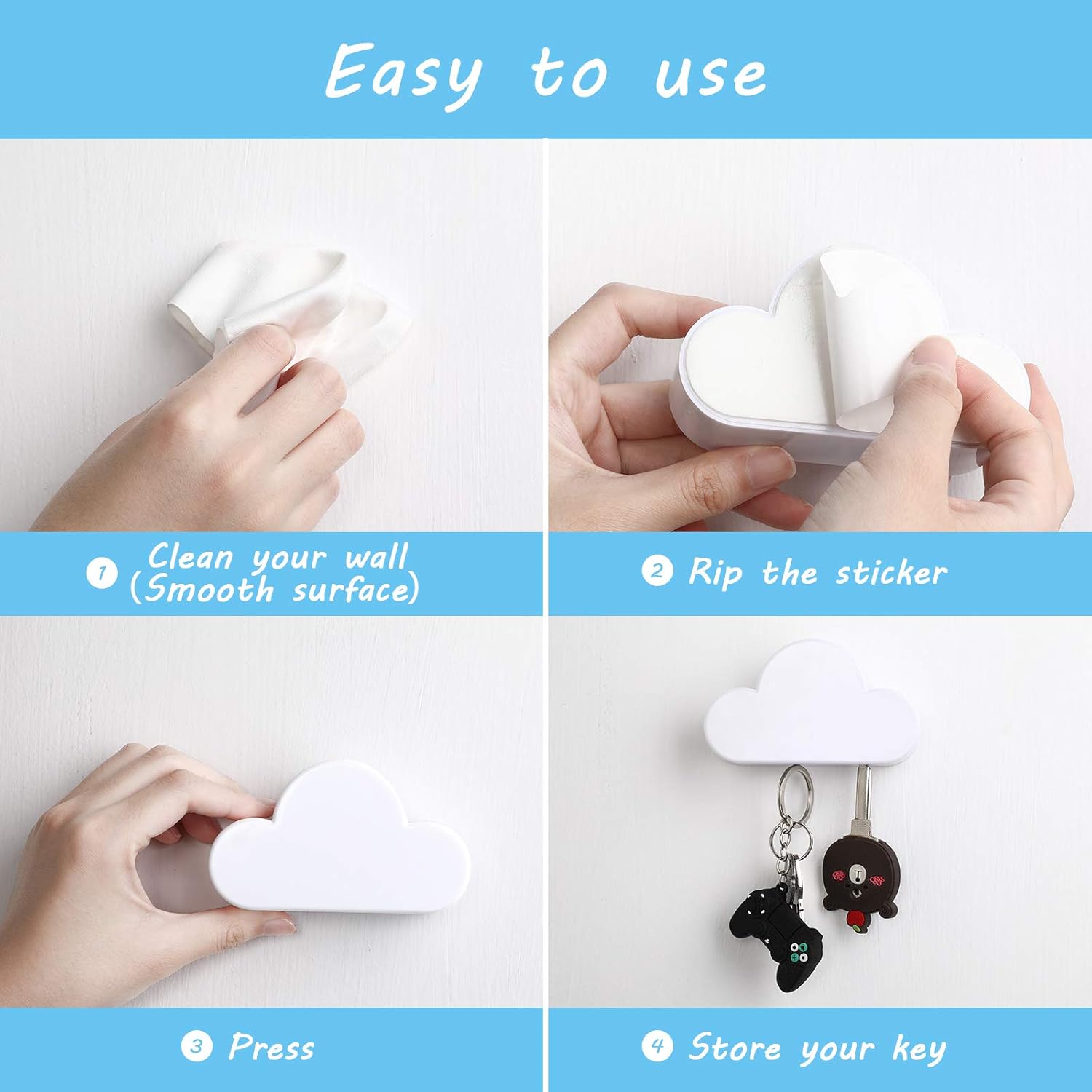 4 Pieces Cloud Magnetic Key Holder for Wall Key Rack Organizer Keychains Hooks with Adhesive for Door White