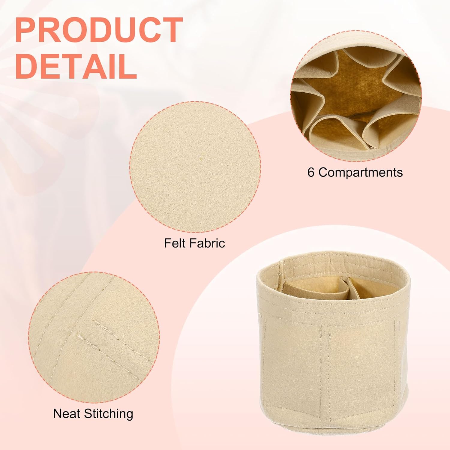 Purse Organizer Insert, Portable Felt Organizer Bags Round Multiple Compartments Purse Liner for Bucket Bag, Domed Satchel, Tote Bag, Handbag Shaper 8" x 4" x 5.5", Beige