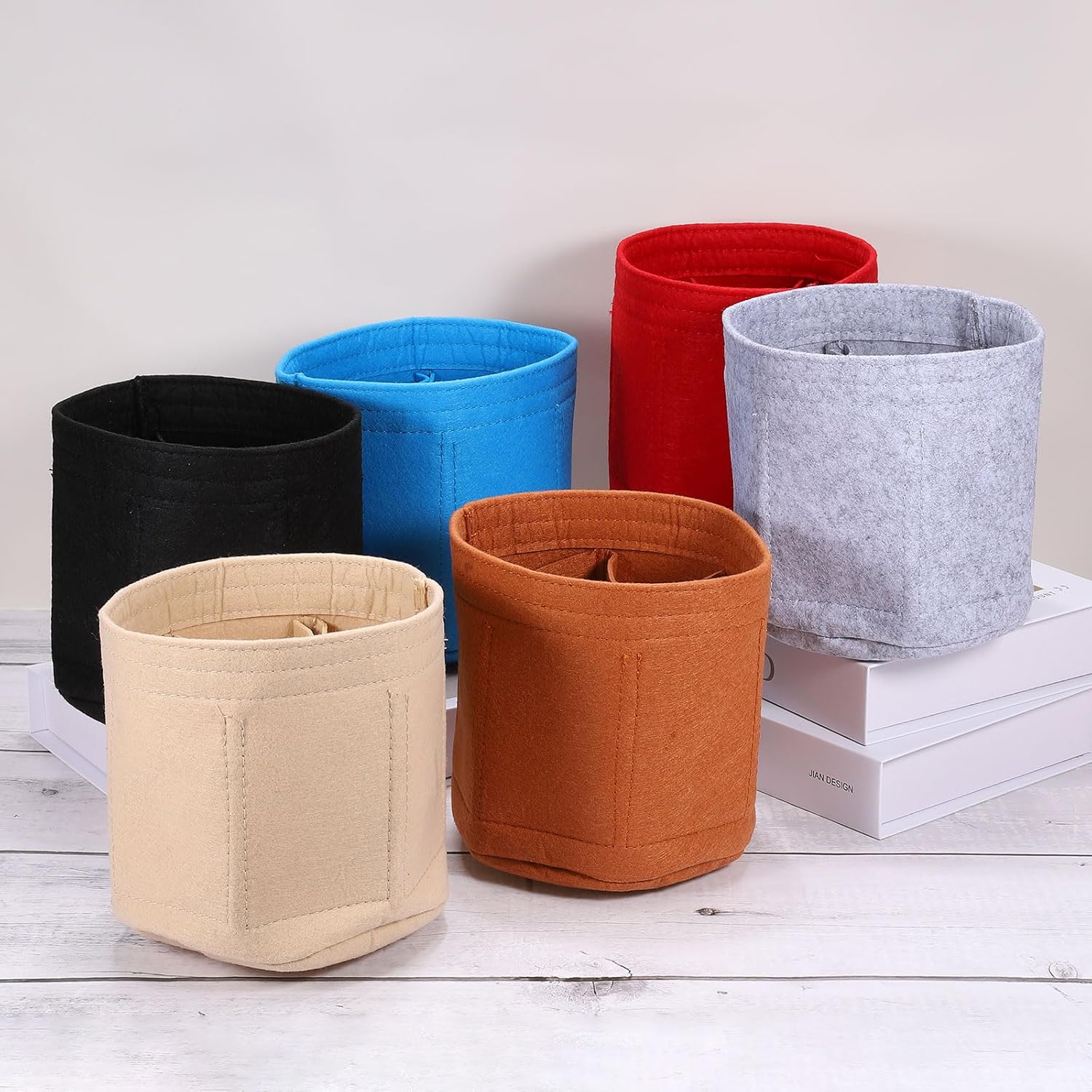 Purse Organizer Insert, Portable Felt Organizer Bags Round Multiple Compartments Purse Liner for Bucket Bag, Domed Satchel, Tote Bag, Handbag Shaper 8" x 4" x 5.5", Beige