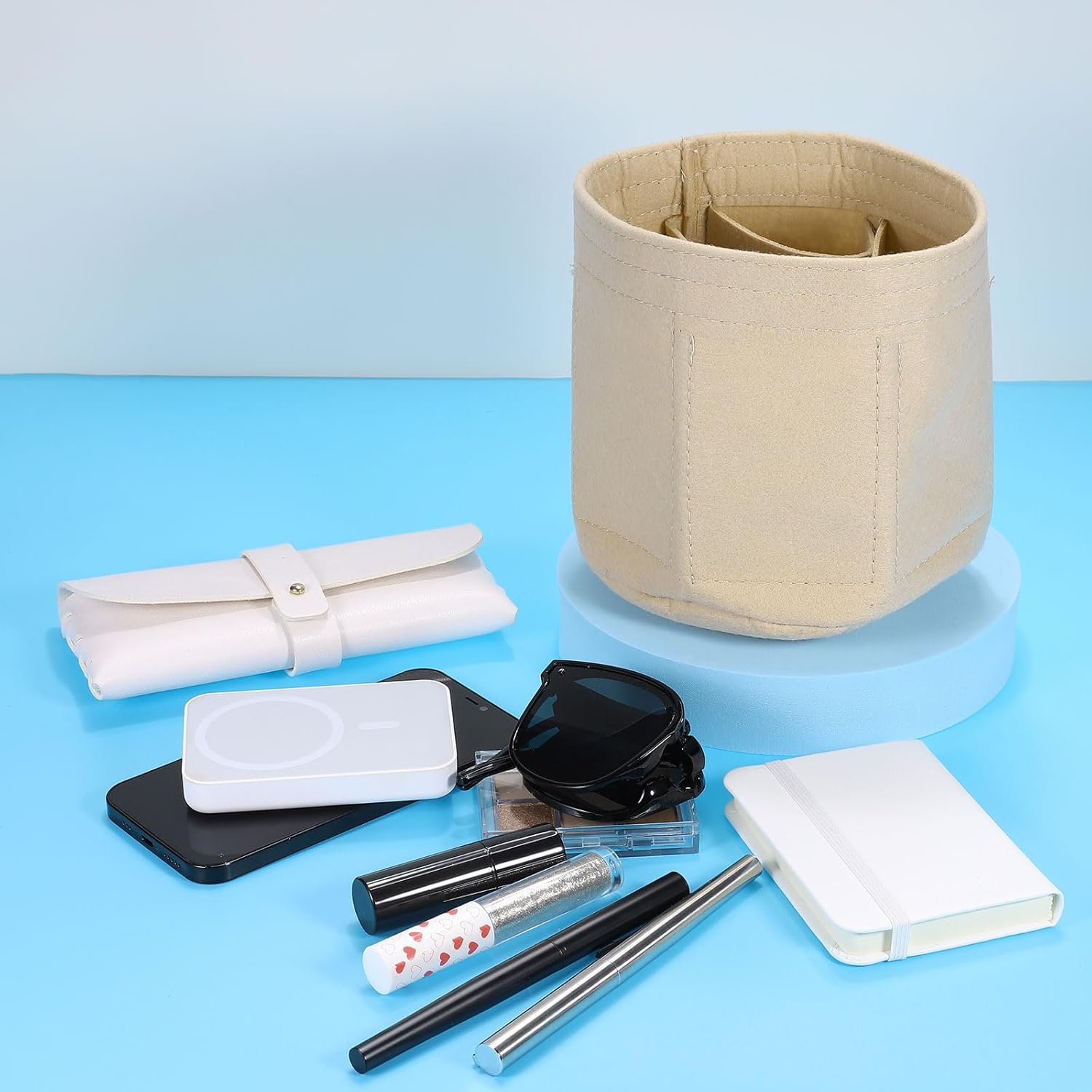 Purse Organizer Insert, Portable Felt Organizer Bags Round Multiple Compartments Purse Liner for Bucket Bag, Domed Satchel, Tote Bag, Handbag Shaper 8" x 4" x 5.5", Beige