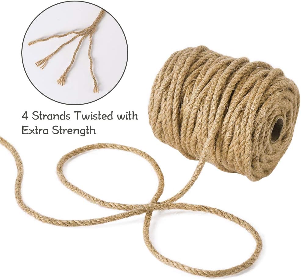 5mm Jute Rope, 100 Feet 4Ply Twisted Heavy Duty and Thick Twine Rope for Gardening, Crafting, Bundling, Cat Scratching Post, Home Decor, Christmas Decorations