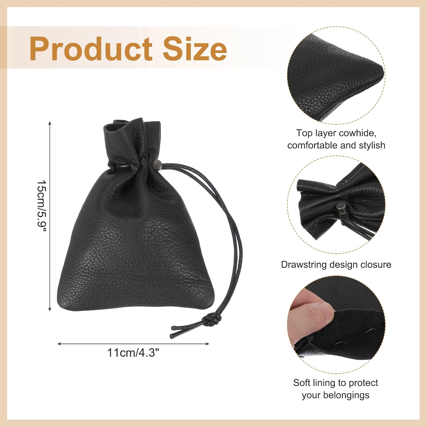 1 Pcs Drawstring Bag, Leather Coin Purse, Change Purse for Women, Men's Leather Bag, for Jewelry, Keys, Coin Storage Black