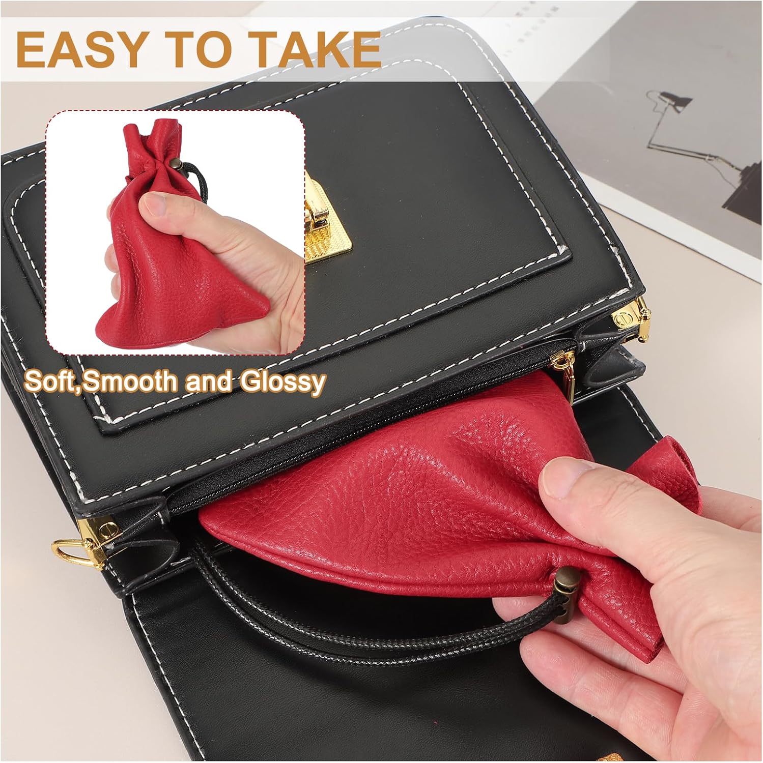 1 Pcs Drawstring Bag, Leather Coin Purse, Change Purse for Women, Men's Leather Bag, for Jewelry, Keys, Coin Storage Black