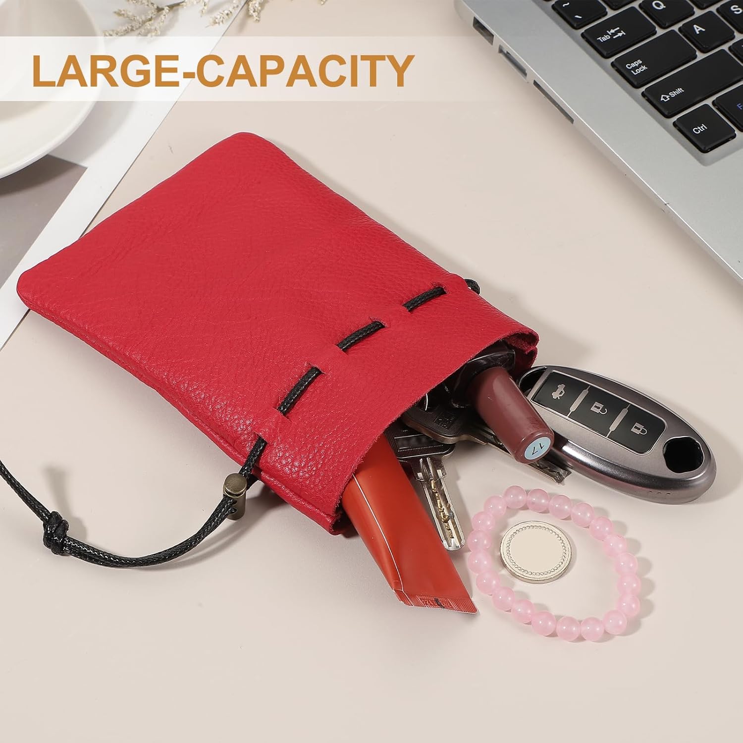 1 Pcs Drawstring Bag, Leather Coin Purse, Change Purse for Women, Men's Leather Bag, for Jewelry, Keys, Coin Storage Black