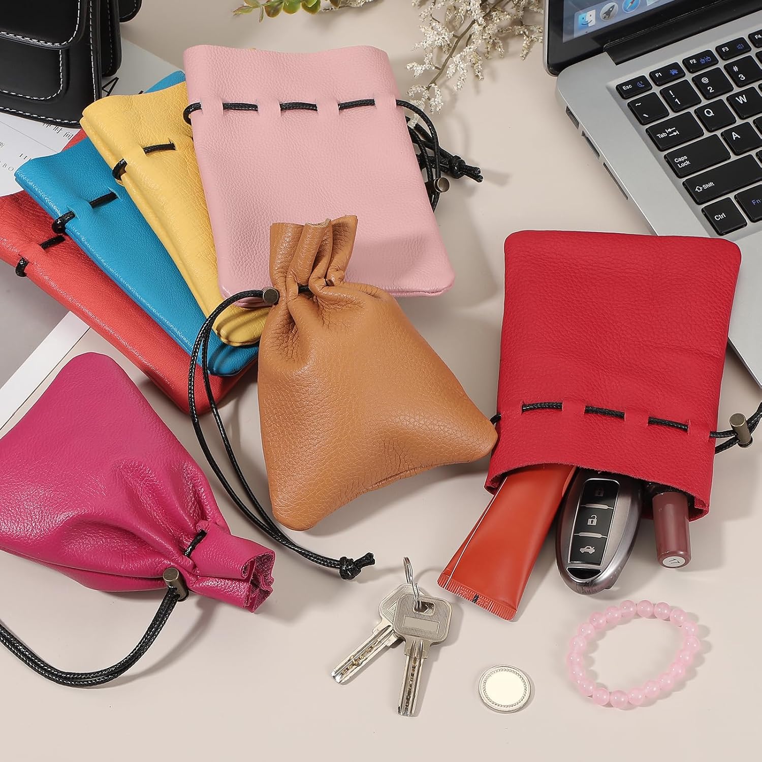 1 Pcs Drawstring Bag, Leather Coin Purse, Change Purse for Women, Men's Leather Bag, for Jewelry, Keys, Coin Storage Black